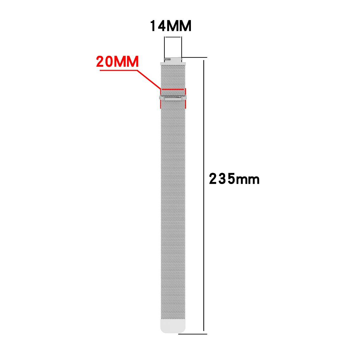 Diagramm eines silbernen Mesh-Armbands mit Maßen von 14mm, 20mm und 235mm.
