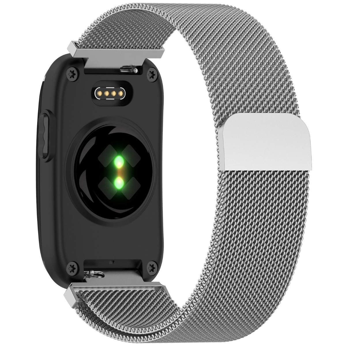 Rückseite einer schwarzen Smartwatch mit grünem Sensorlicht und einem silbernen Metallarmband.