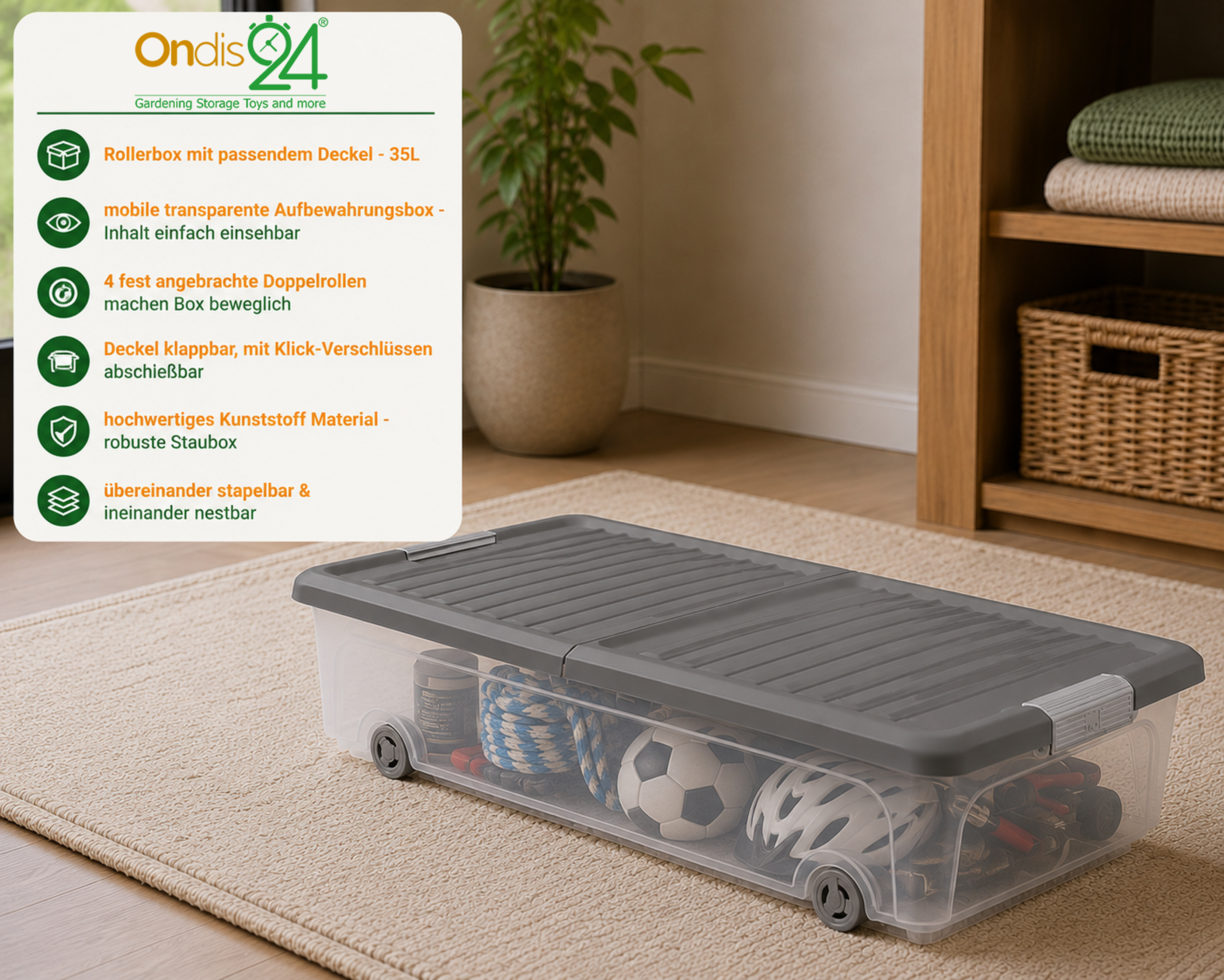 Transparente 35L Rollerbox mit grauem Deckel und Rollen, gefüllt mit Spielzeug, auf einem Teppich in einem Raum.