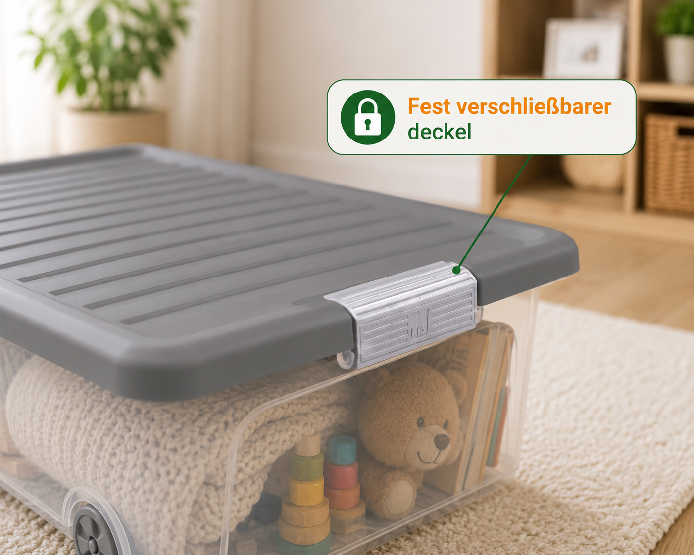 Transparente Aufbewahrungsbox mit grauem Deckel, Schloss-Symbol und Text "Fest verschließbarer deckel".