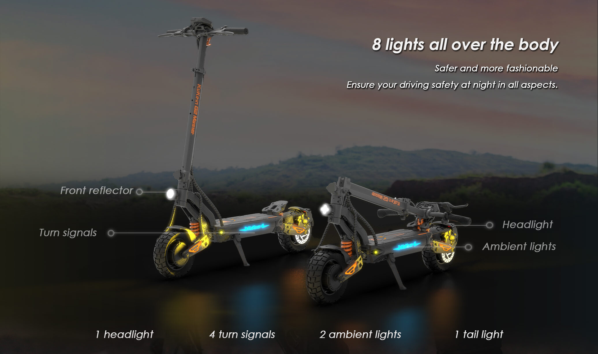 Zwei schwarze E-Scooter mit heller Beleuchtung, Text und Pfeilen auf dunklem Hintergrund.