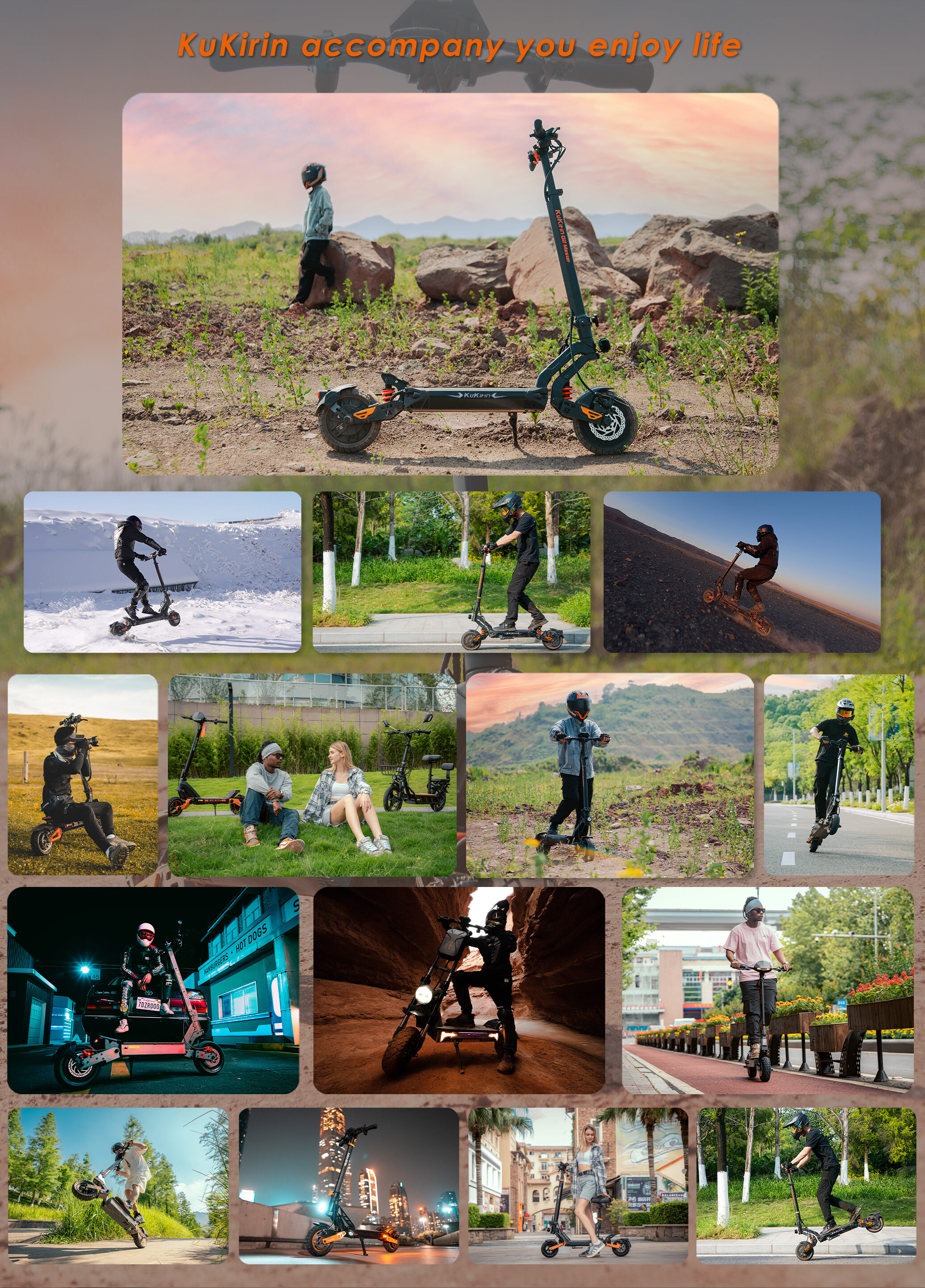 Ein Collage zeigt Menschen, die Elektroroller in verschiedenen Landschaften wie Schnee, Felsen und der Stadt fahren.