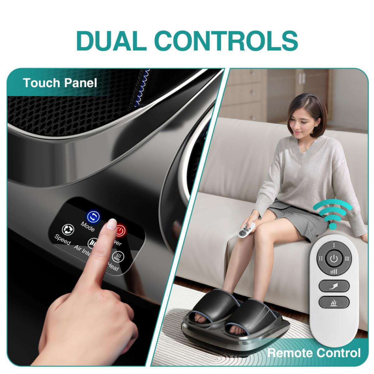 Dual-Steuerung mit Touch-Panel und Fernbedienung für ein Fußmassagegerät.