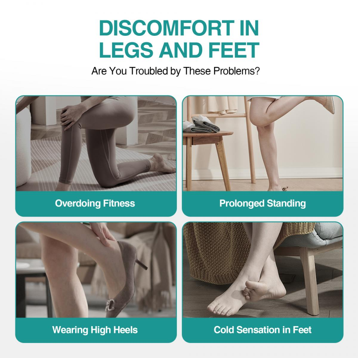 Infografik zeigt vier Ursachen für Beinschmerzen: Fitness, langes Stehen, High Heels und Kältegefühl.