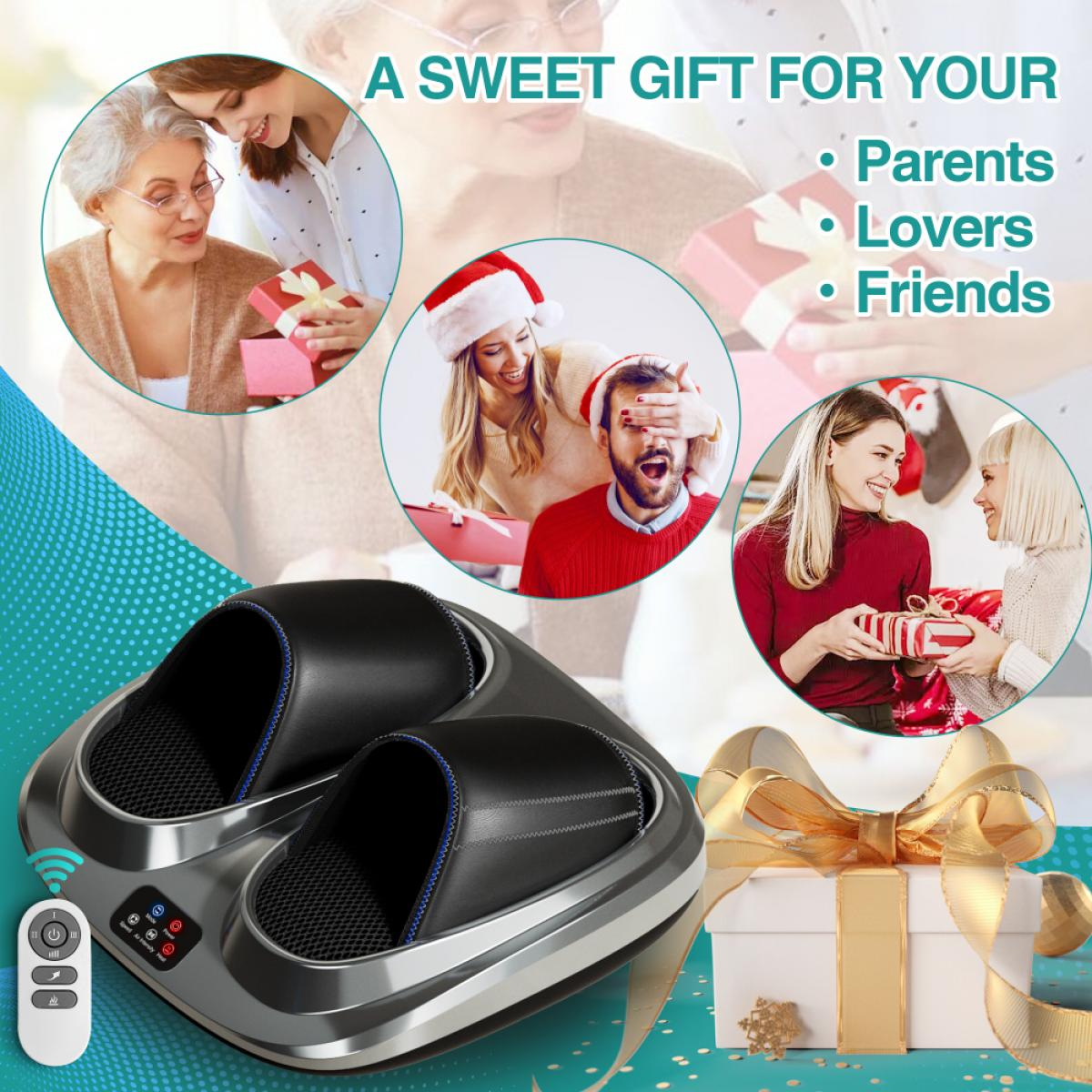 Ein Fußmassagegerät, beworben als Geschenk für Eltern, Liebende und Freunde, mit verschiedenen Szenen.