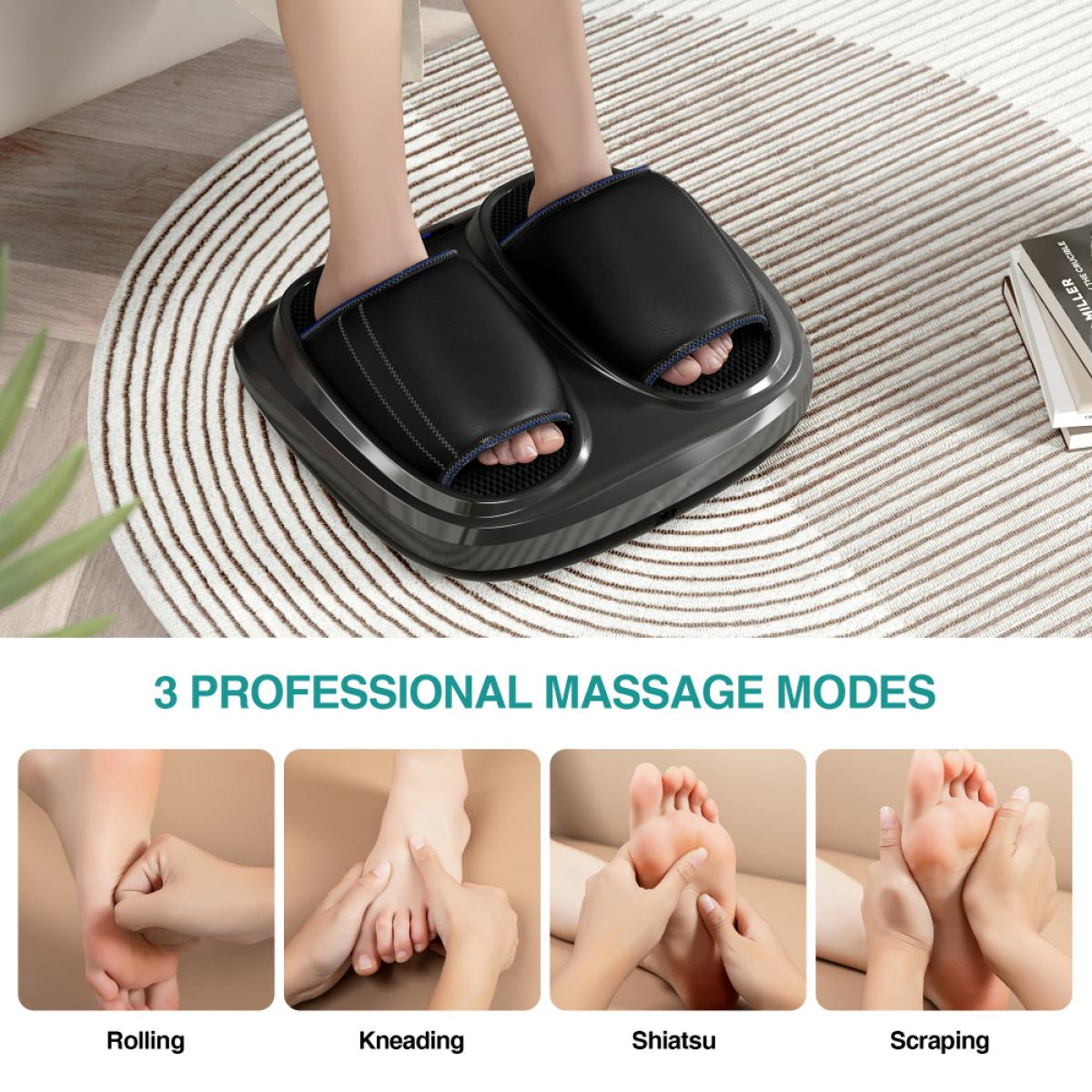 Füße in einem schwarzen Elektromassagegerät auf einem runden Teppich; darunter vier Felder mit Massagearten.
