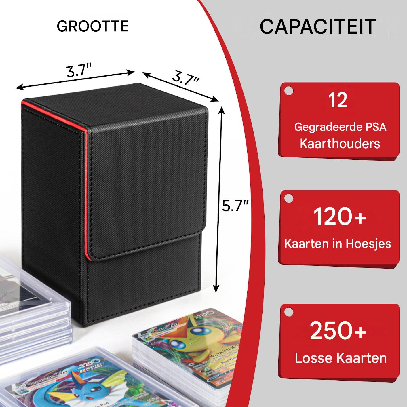 Schwarze Deckbox mit Maßen und roten Kapazitätskarten auf weißem Hintergrund.