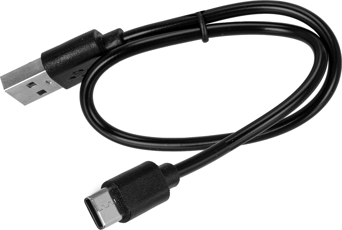 Krótki czarny kabel USB-A do USB-C na czarnym tle.