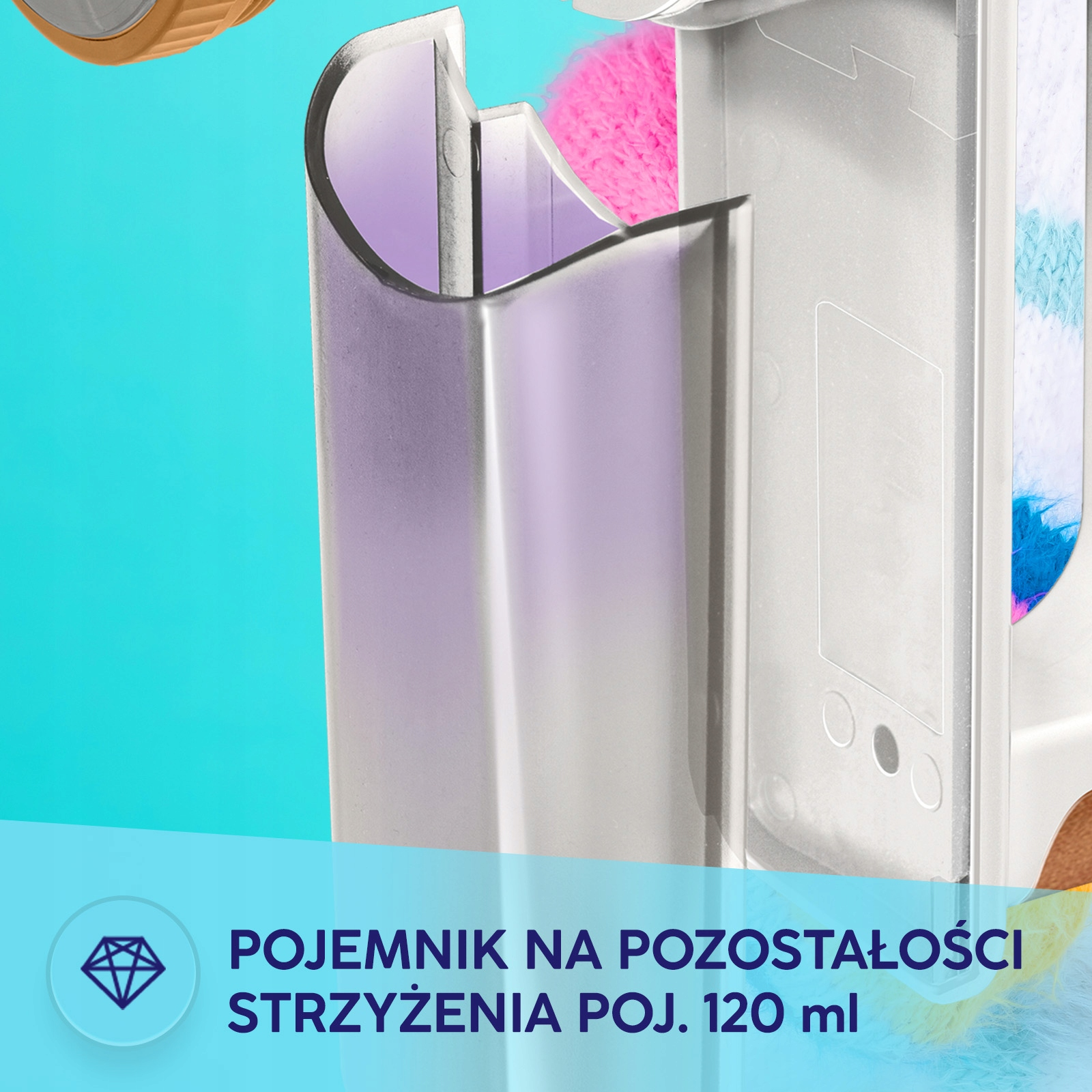 Przezroczysty pojemnik na pozostałości strzyżenia na niebieskim tle z tekstem.