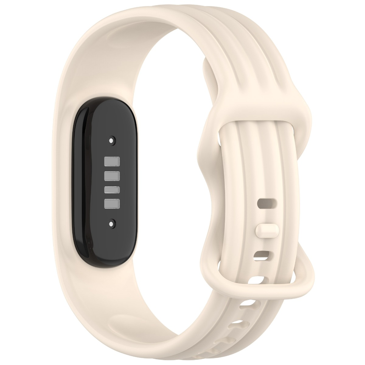 Beigefarbener Fitness-Tracker mit schwarzem Sensorgehäuse und weißem Hintergrund.