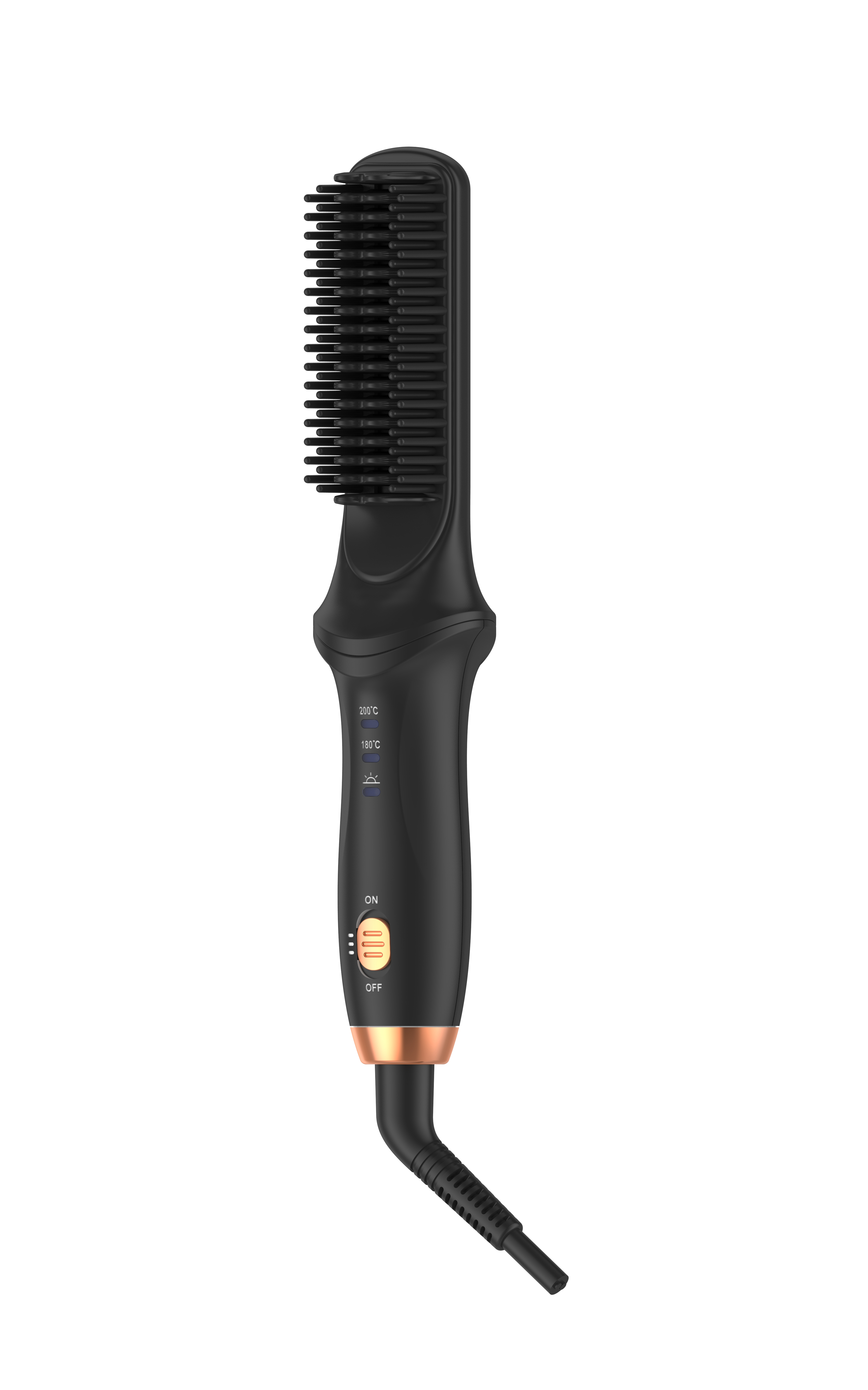 Eine schwarze Haarglättungsbürste mit Temperatureinstellungen und goldenem Ein-Aus-Knopf vor weißem Hintergrund.