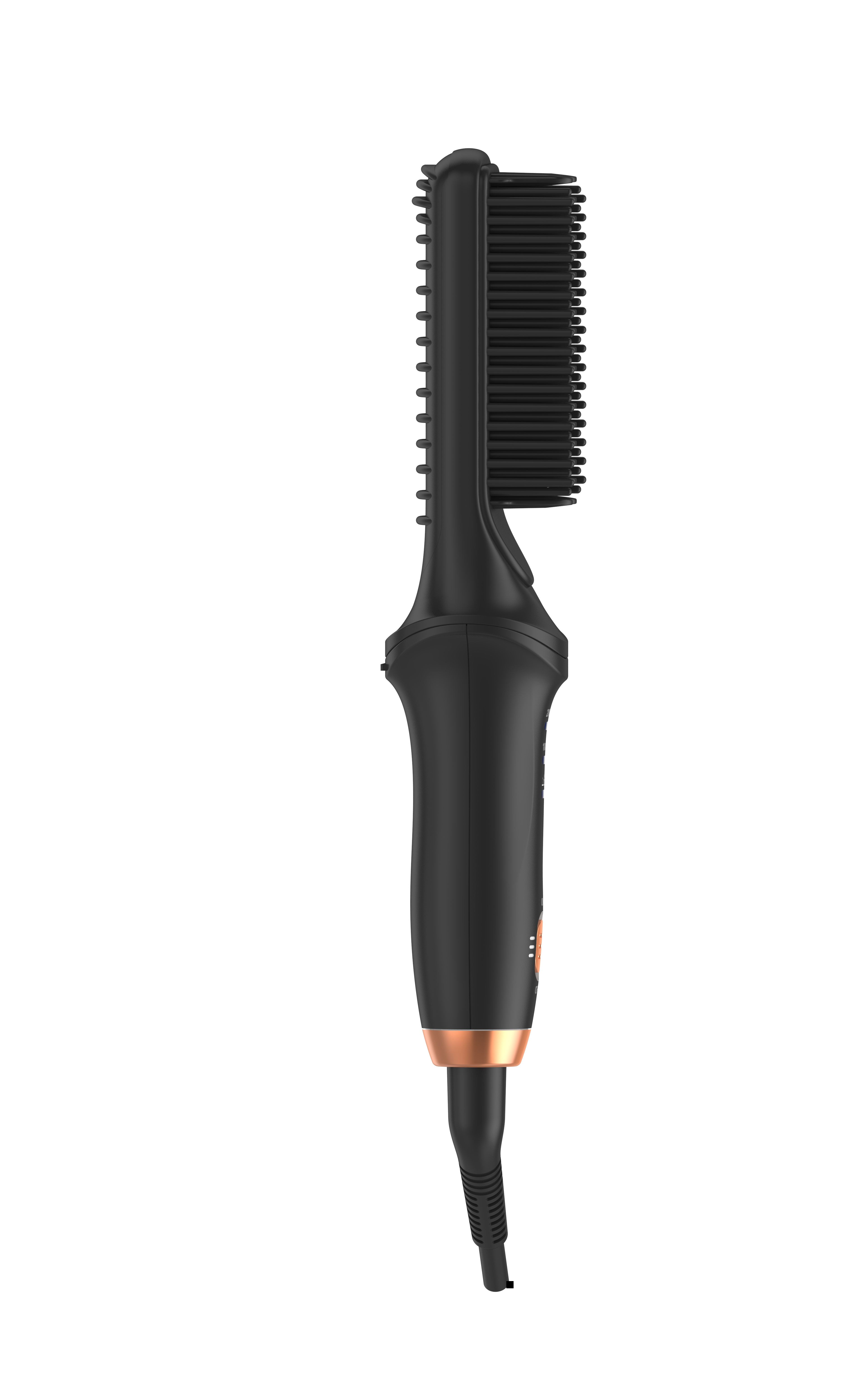 Schwarze elektrische Haarstyler-Bürste mit kupferfarbenem Akzent und Netzkabel auf weißem Hintergrund.