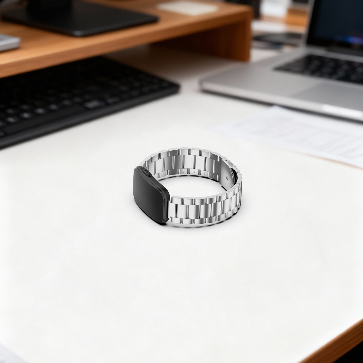 Ein silbernes Metallarmband mit schwarzem Display liegt auf einem hellen Schreibtisch vor einem Laptop.