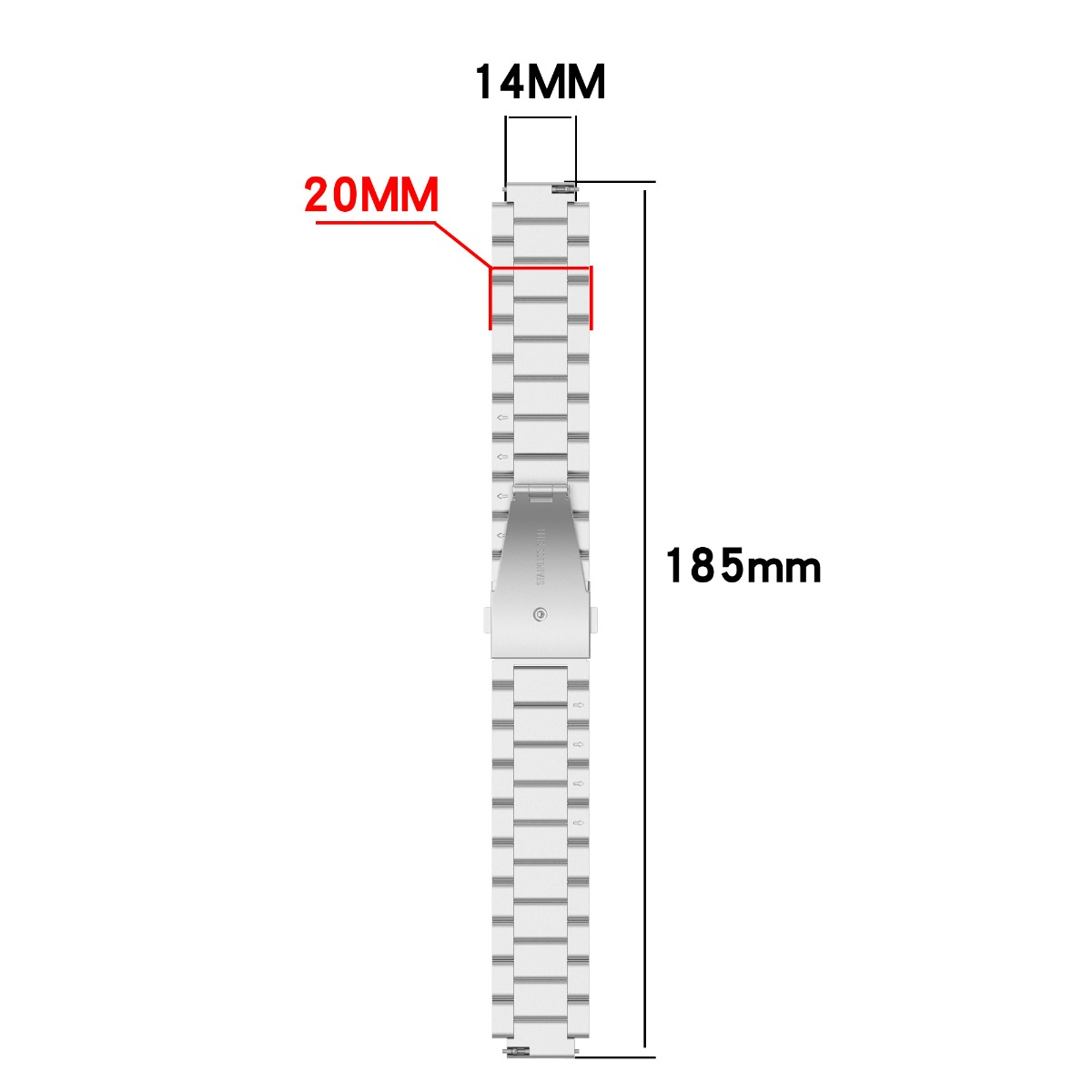 Ein silbernes Metallarmband mit Maßen: 14 mm breit oben, 20 mm breiter Abschnitt und 185 mm Gesamtlänge.