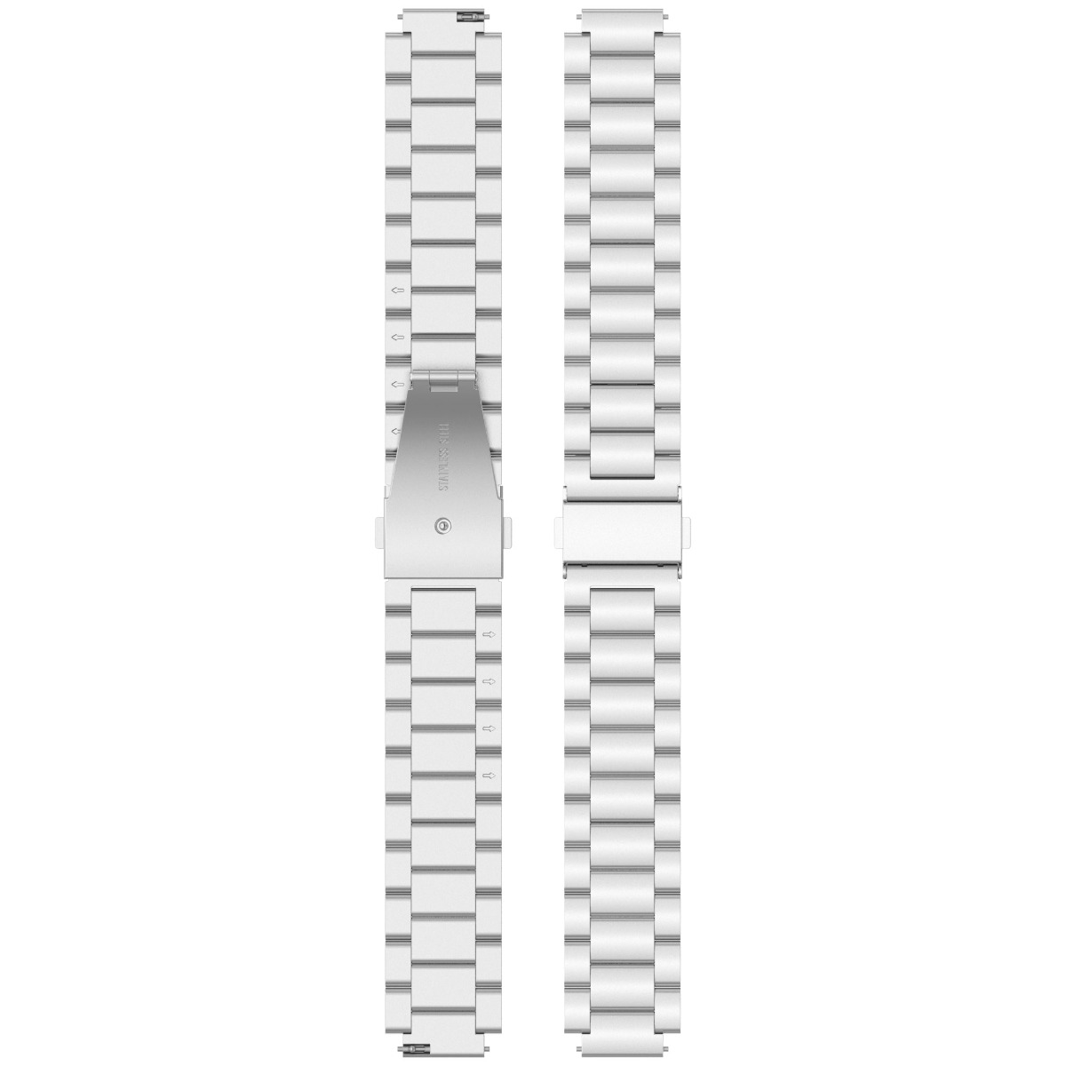 Zwei silberne Edelstahl-Uhrenarmbänder in Vorder- und Rückansicht auf weißem Hintergrund.