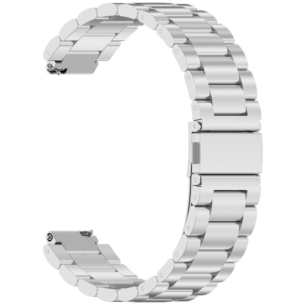 Ein silbernes Metall-Uhrenarmband, gebogen vor weißem Hintergrund.