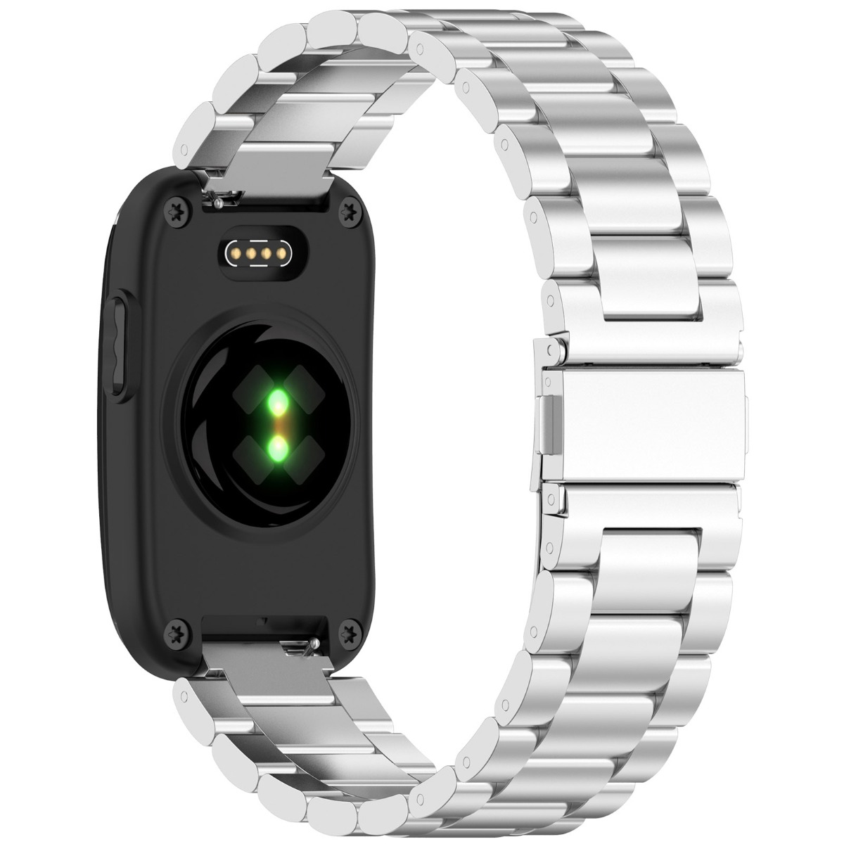 Rückseite einer Smartwatch mit grünem Sensorlicht und Metallarmband.