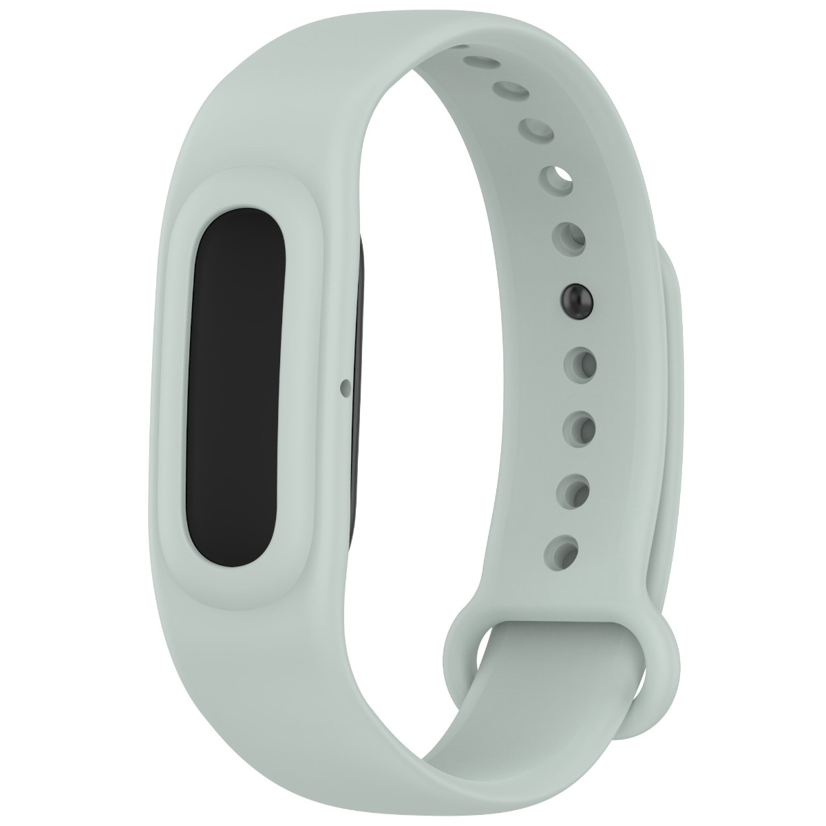 Ein hellgrünes Fitnessarmband mit schwarzem Display und perforiertem Silikonarmband auf weißem Hintergrund.