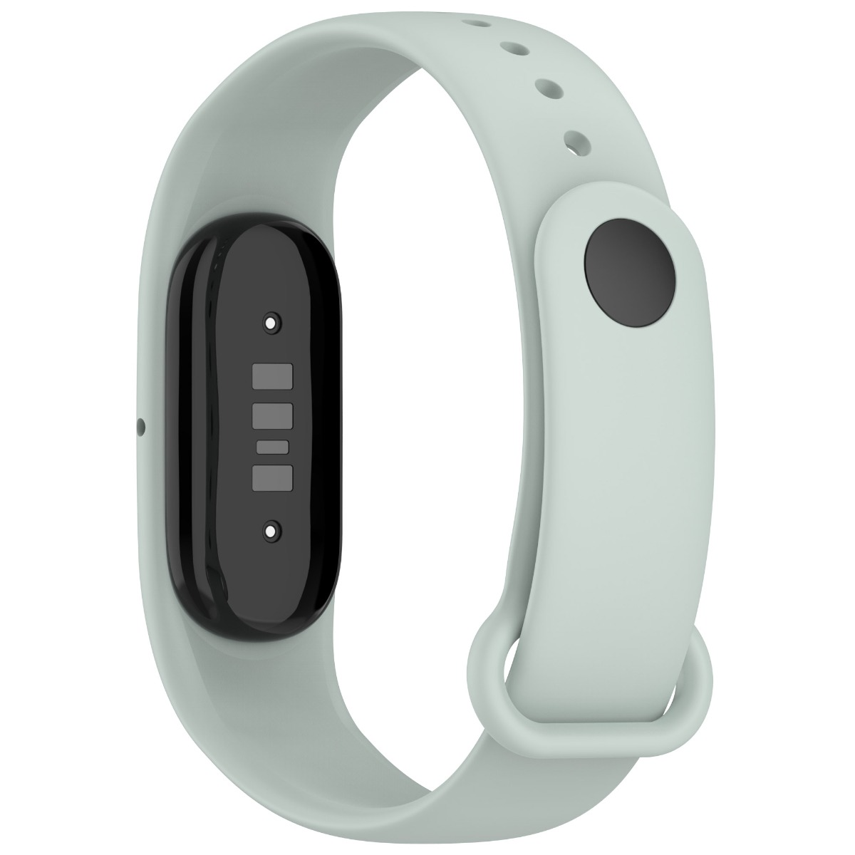 Ein hellgrünes Fitnessarmband mit schwarzem Gehäuseboden und Sensoren auf weißem Hintergrund.