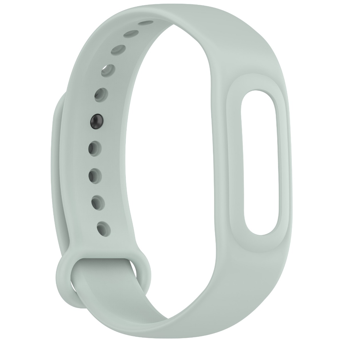 Ein hellgrünes Silikonarmband mit Perforationen und einem ovalen Ausschnitt liegt auf weißem Hintergrund.