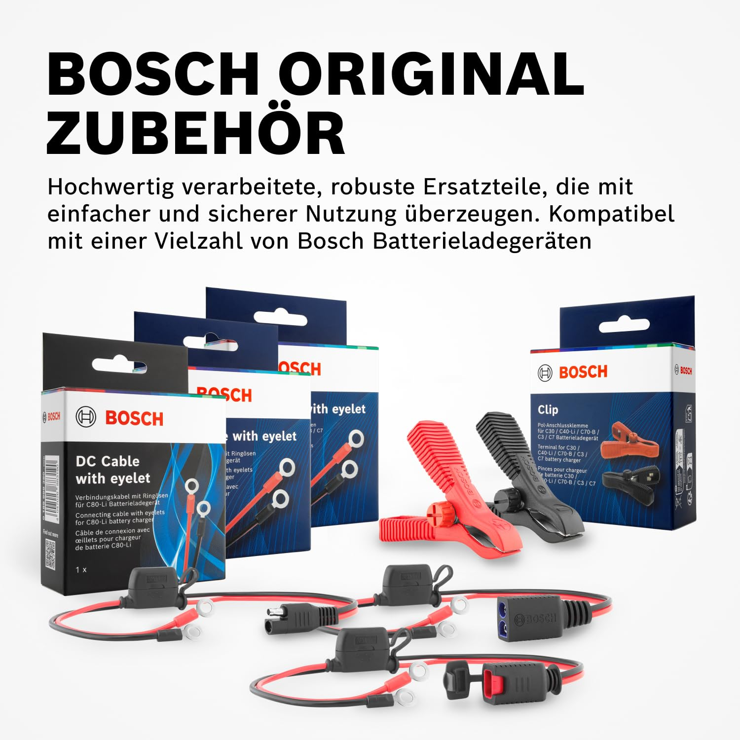 Accessori originali Bosch: cavi CC con occhielli e morsetti per batteria con confezioni.