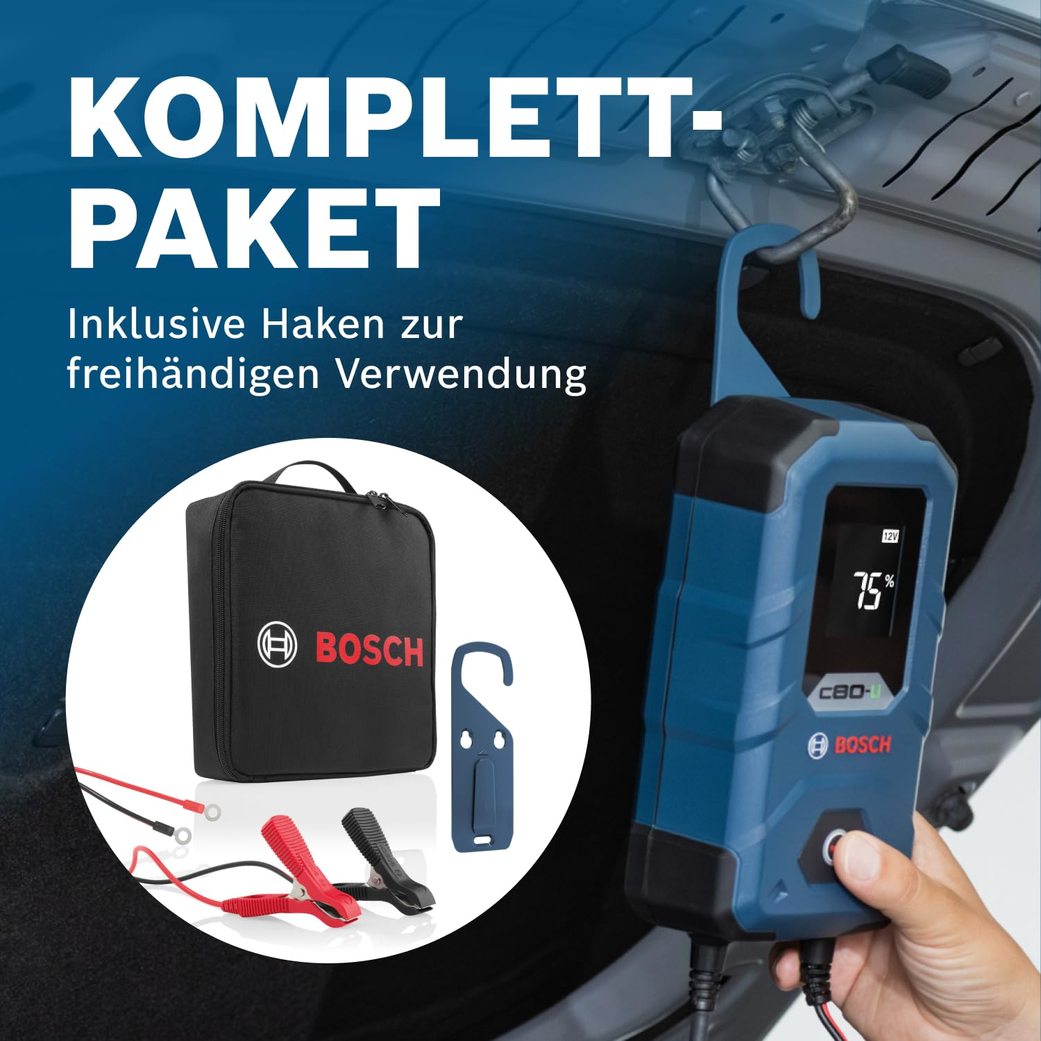 Caricabatterie Bosch con gancio, custodia e cavi in un'auto.