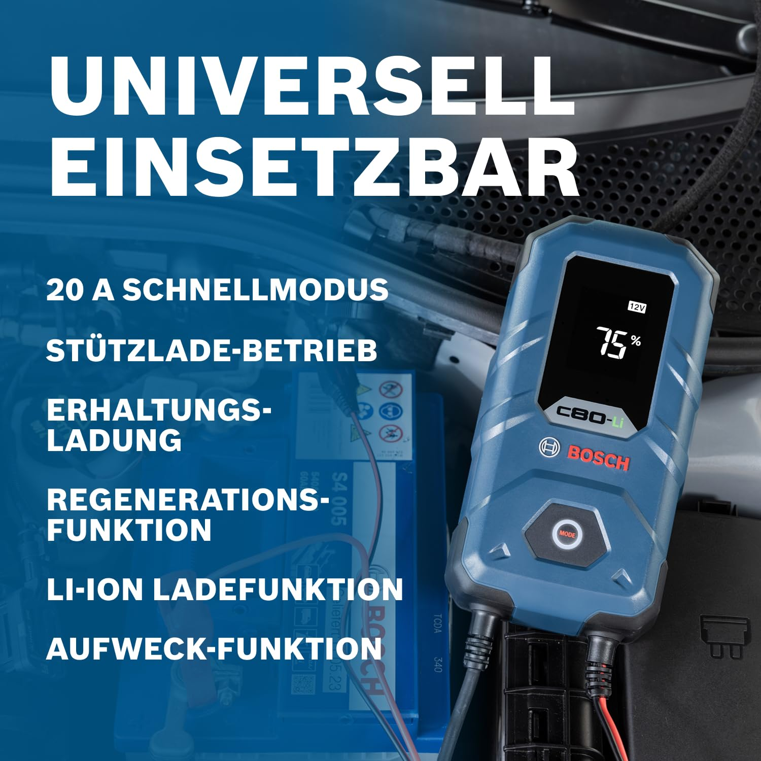 Un caricabatterie per auto Bosch C80-Li blu in un vano motore con testo promozionale in tedesco.