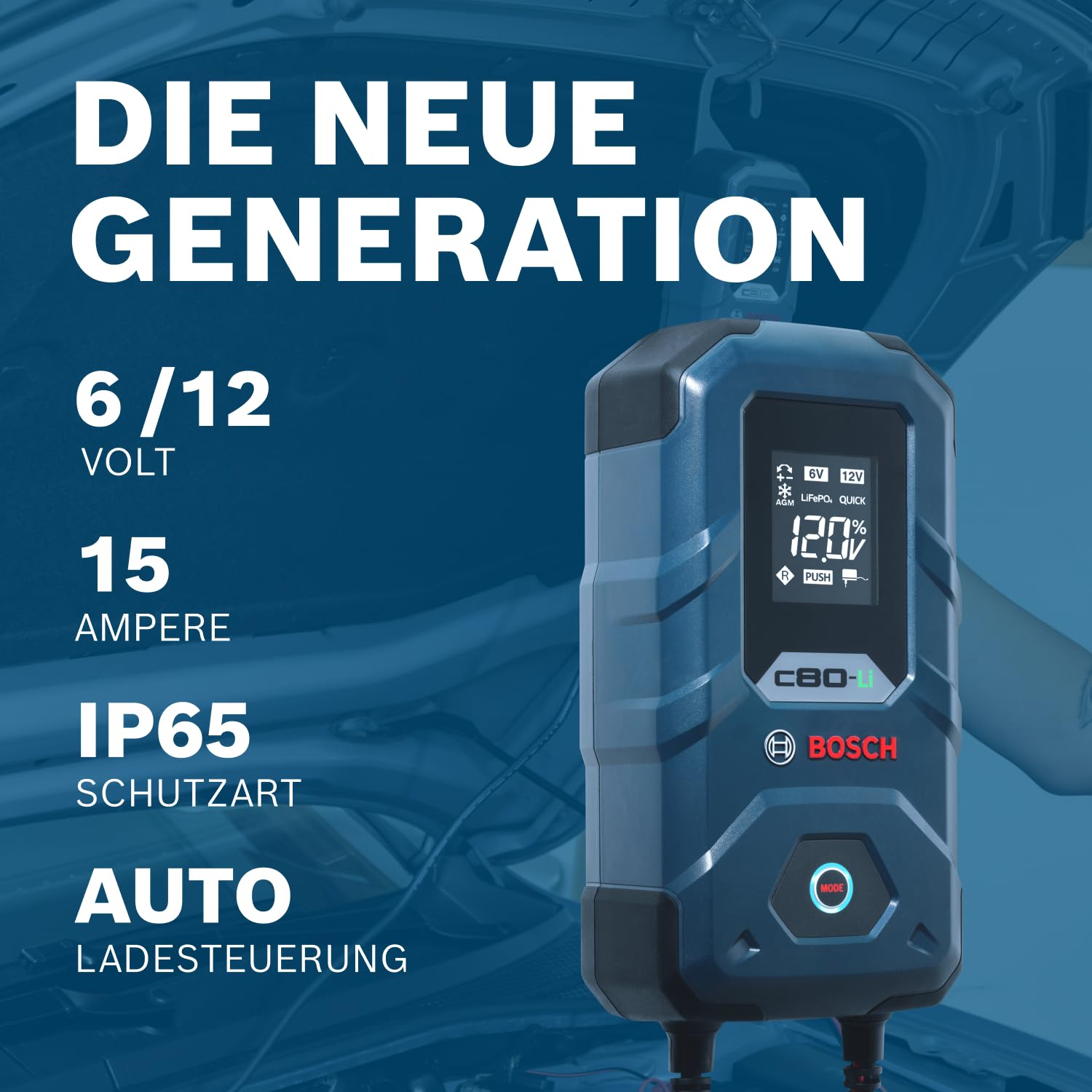 Caricabatterie per auto Bosch C80-Li blu con testo su volt, ampere e classe di protezione su sfondo blu.