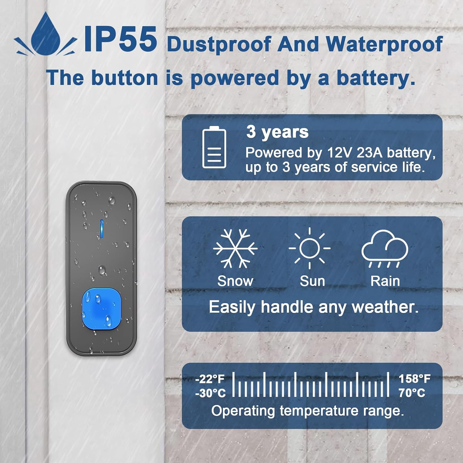Wasserdichter IP55-Knopf mit Batteriebetrieb für verschiedene Wetterbedingungen.