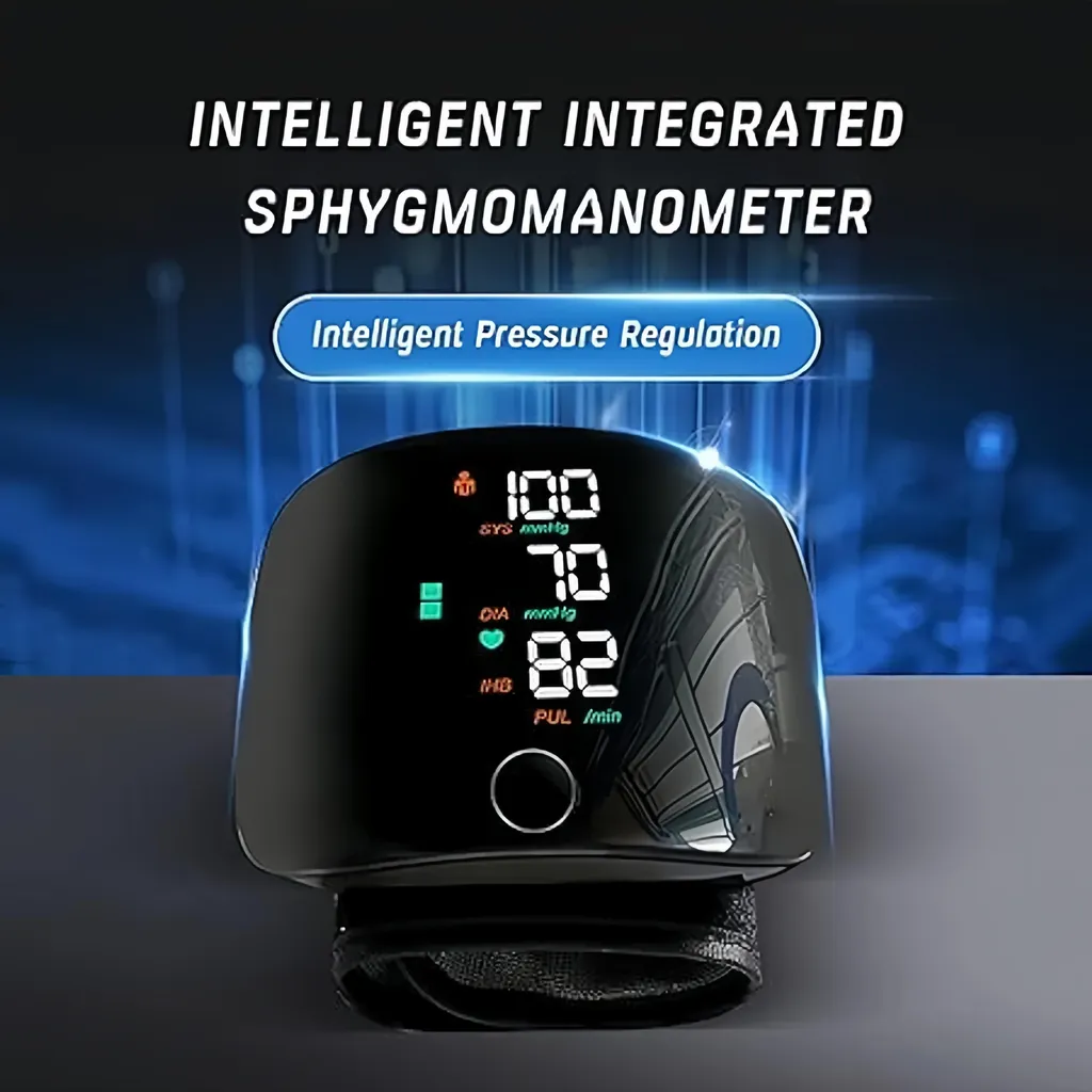 Ein schwarzes digitales Handgelenk-Blutdruckmessgerät mit Blutdruck- und Pulswerten vor blauem Hintergrund.