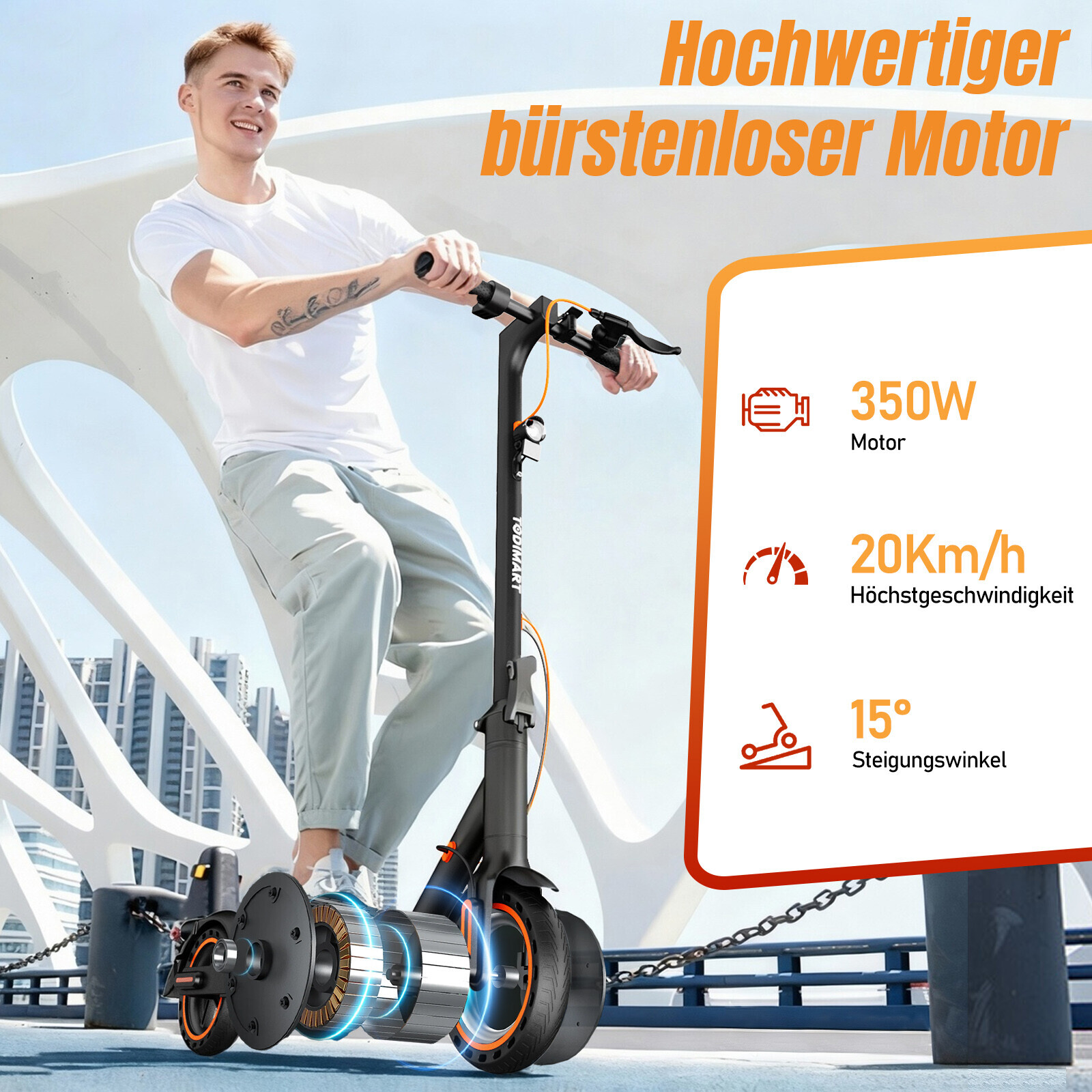 Ein Mann fährt einen E-Scooter vor einer modernen Kulisse; Textfelder zeigen Motor-, Geschwindigkeits- und Steigungsdetails.