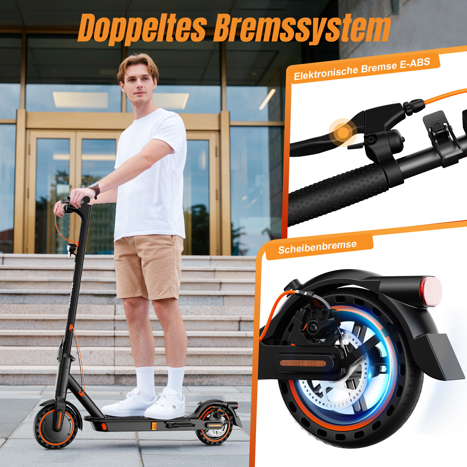 Ein Mann fährt E-Scooter mit Fokus auf das doppelte Bremssystem.