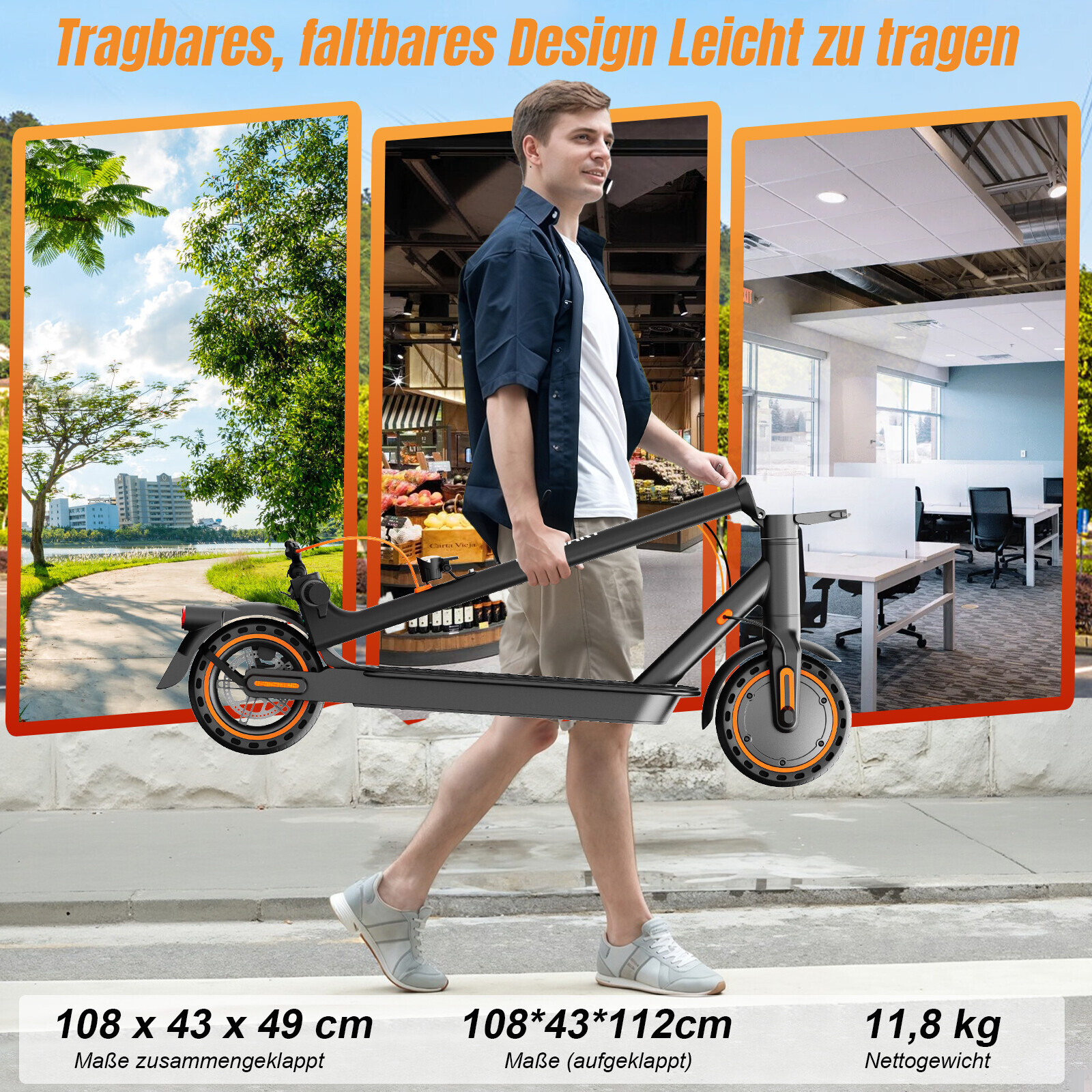Ein Mann trägt einen zusammengeklappten E-Scooter auf dem Gehweg, mit drei Hintergrundszenen.