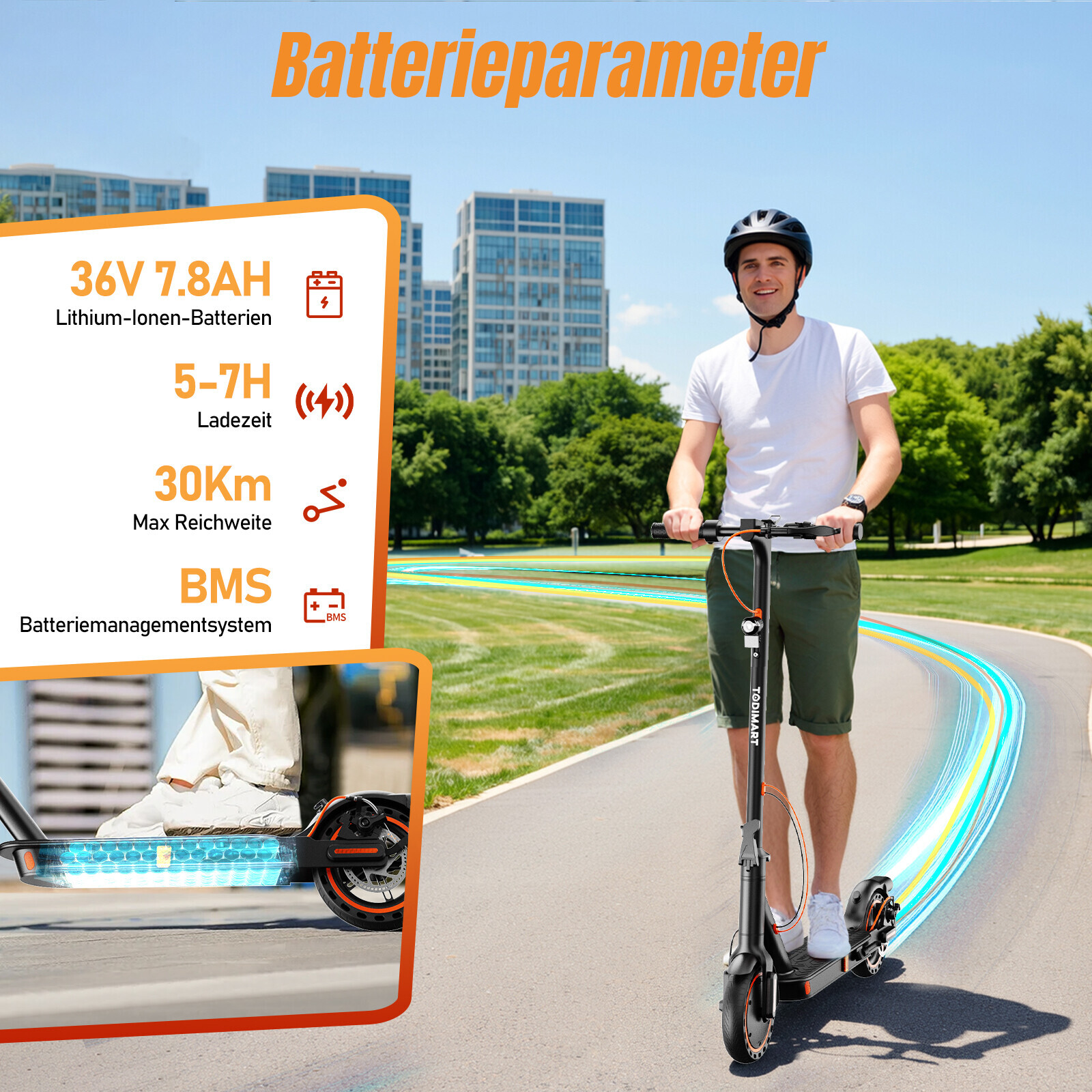 Ein Mann fährt auf einem E-Scooter auf einem Parkweg, umgeben von Textfeldern mit technischen Daten.