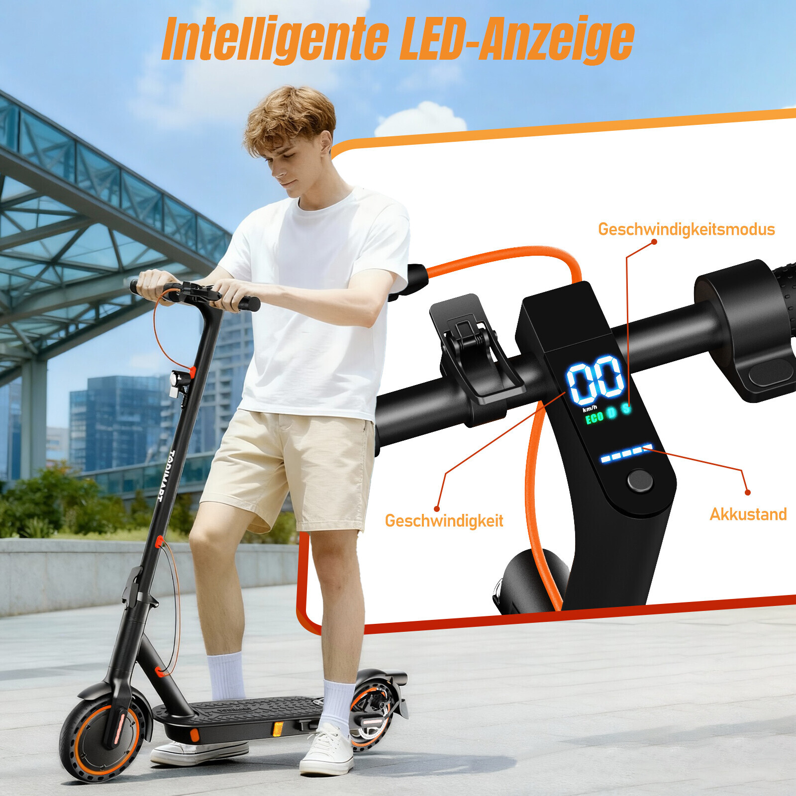 Ein Mann steht auf einem E-Scooter vor Gebäuden, mit Großaufnahme der LED-Anzeige.