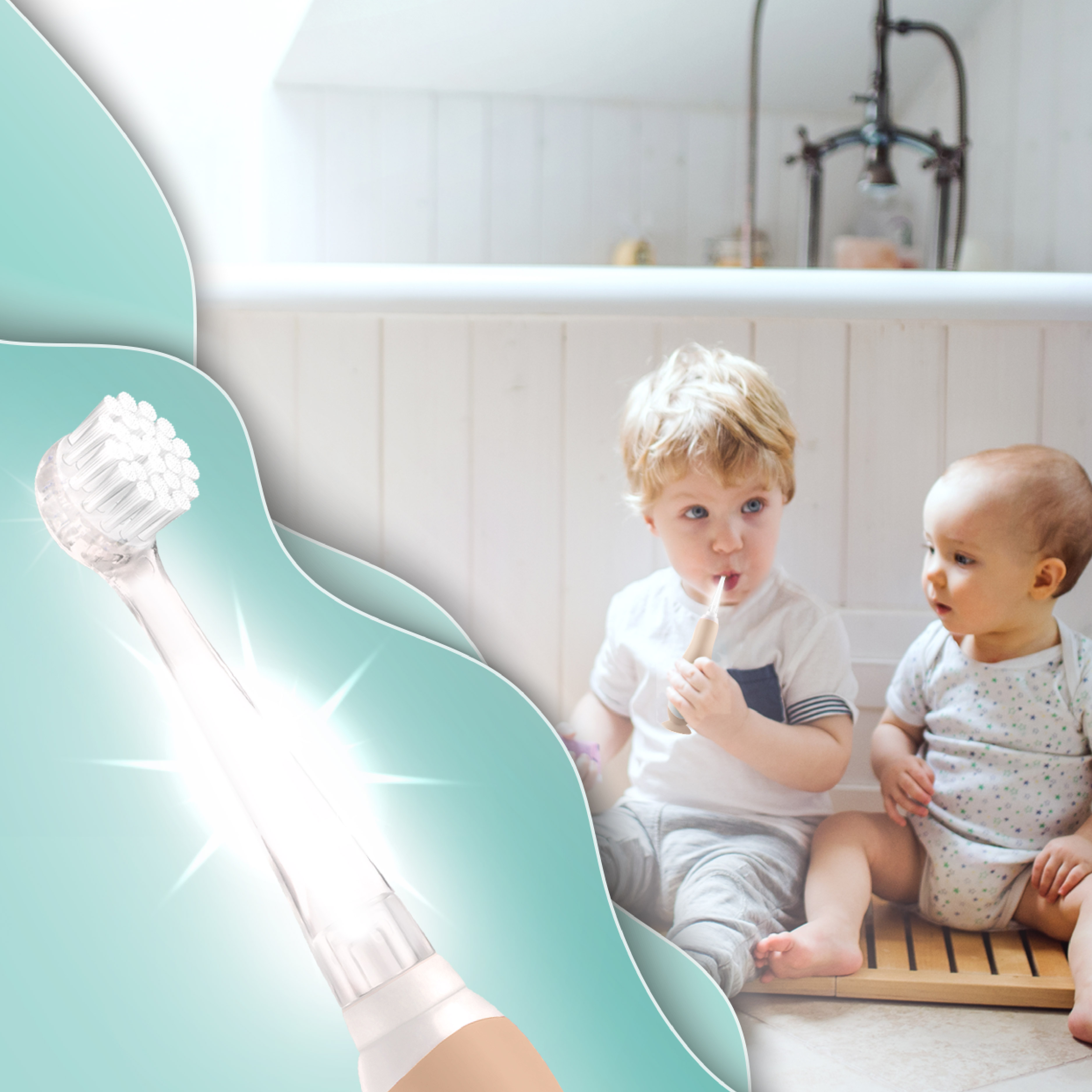 Eine leuchtende elektrische Zahnbürste im Vordergrund, während zwei Kleinkinder im hellen Badezimmer sitzen.