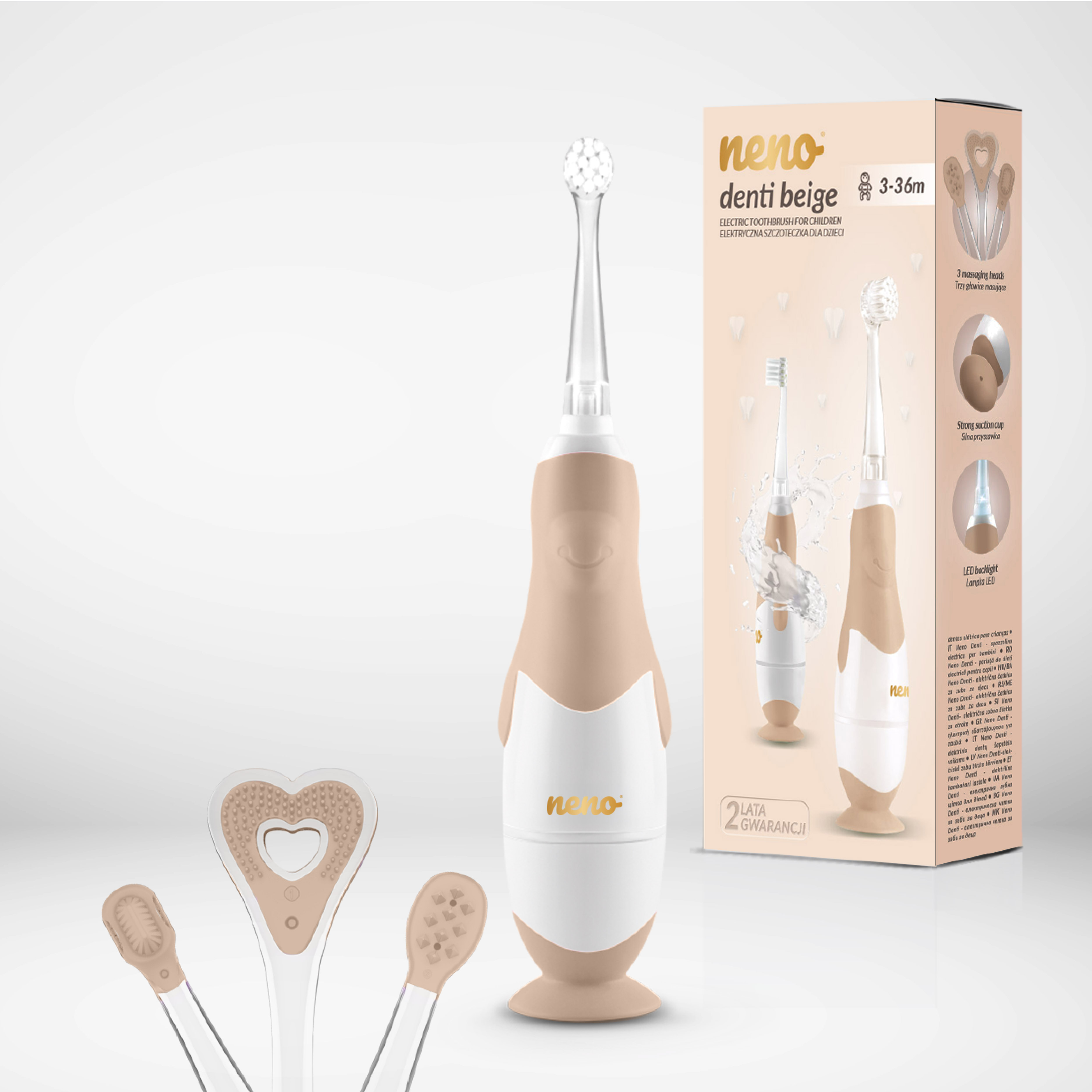 Beige und weiße Kinder-Elektr Zahnbürste mit drei Köpfen und Verpackung.