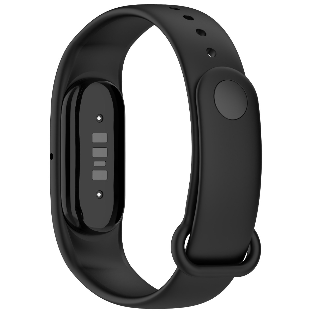 Ein schwarzer Fitnesstracker zeigt die Unterseite mit Ladekontakten und Sensor vor weißem Hintergrund.