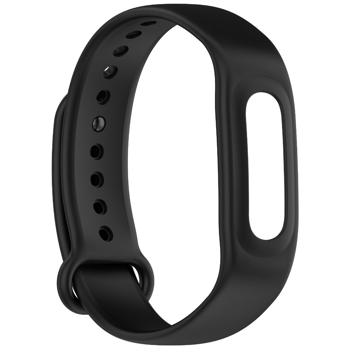 Ein schwarzes Fitnessarmband mit verstellbaren Löchern und leerer Displayfassung auf weißem Hintergrund.