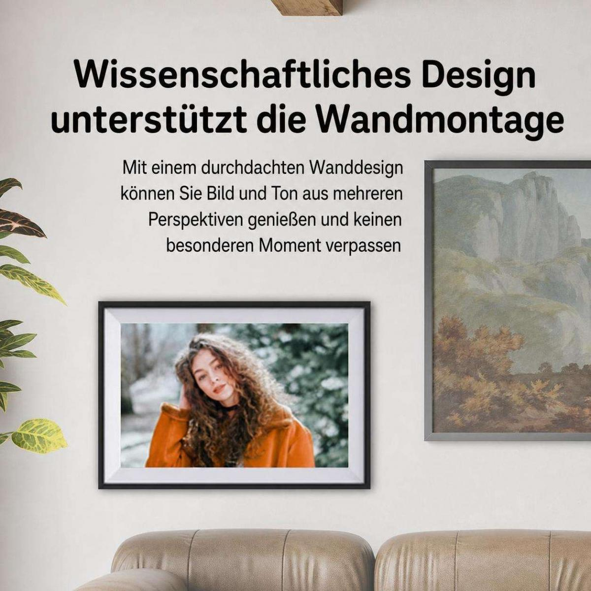 Wissenschaftliches Design unterstützt Wandmontage mit Bildern und deutschem Text.