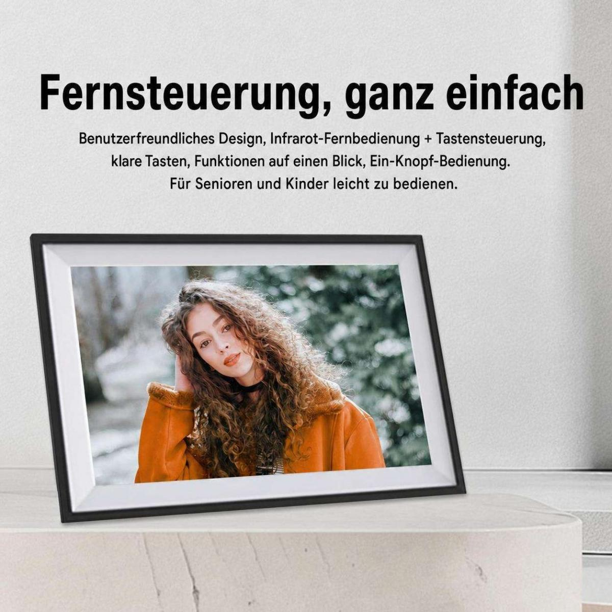 Ein gerahmter digitaler Bilderrahmen zeigt das Porträt einer Frau mit lockigem Haar.