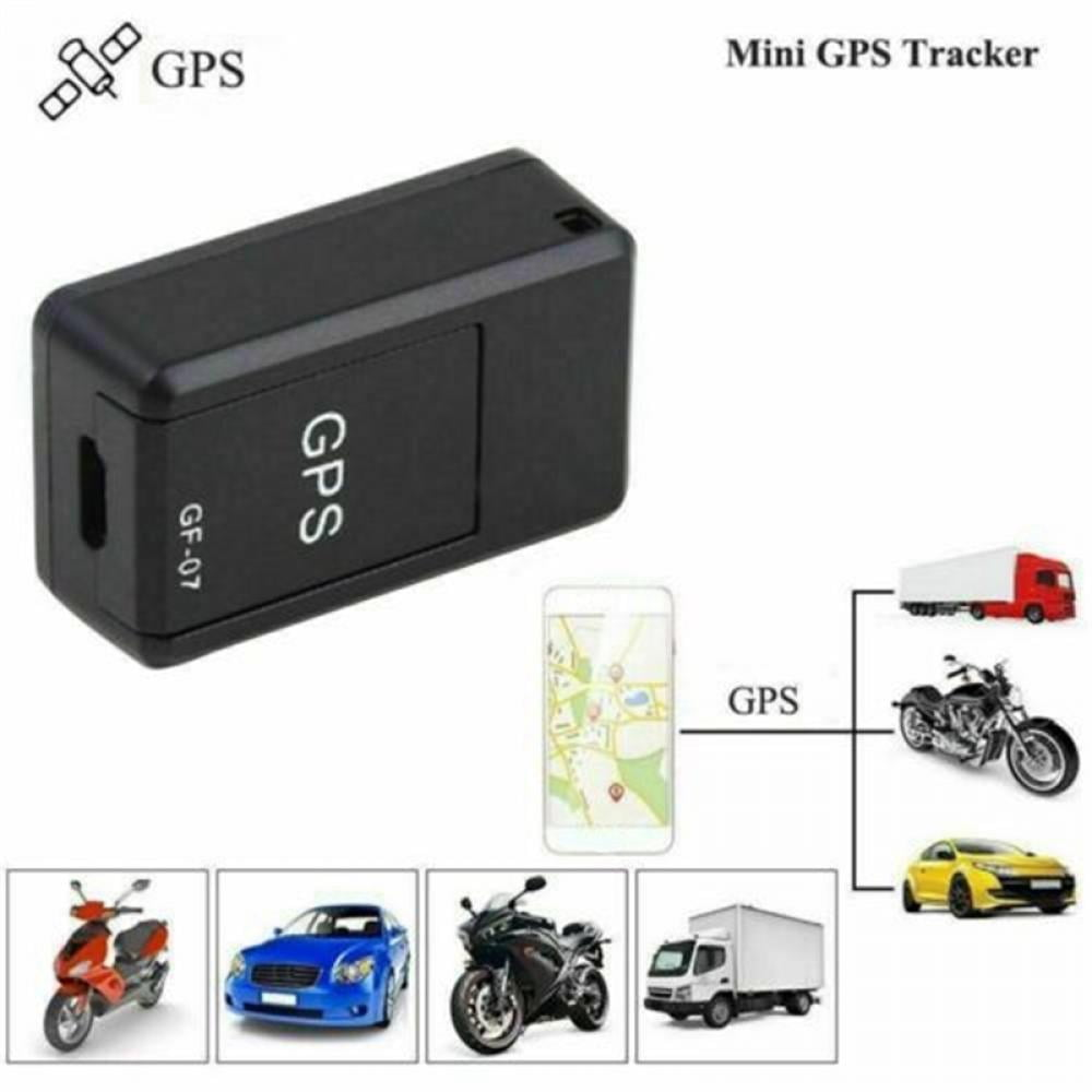 Schwarzer Mini-GPS-Tracker mit Symbolen für Autos, LKWs und Motorräder auf weißem Hintergrund.