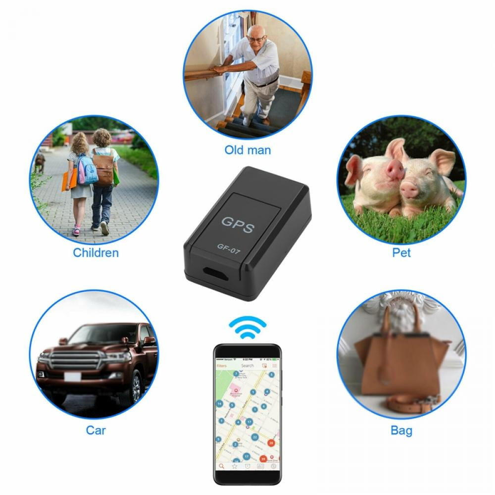 Ein schwarzes GPS-Gerät im Zentrum, umgeben von kreisrunden Bildern, die Kinder, Autos, Haustiere, Taschen und Senioren zeigen.