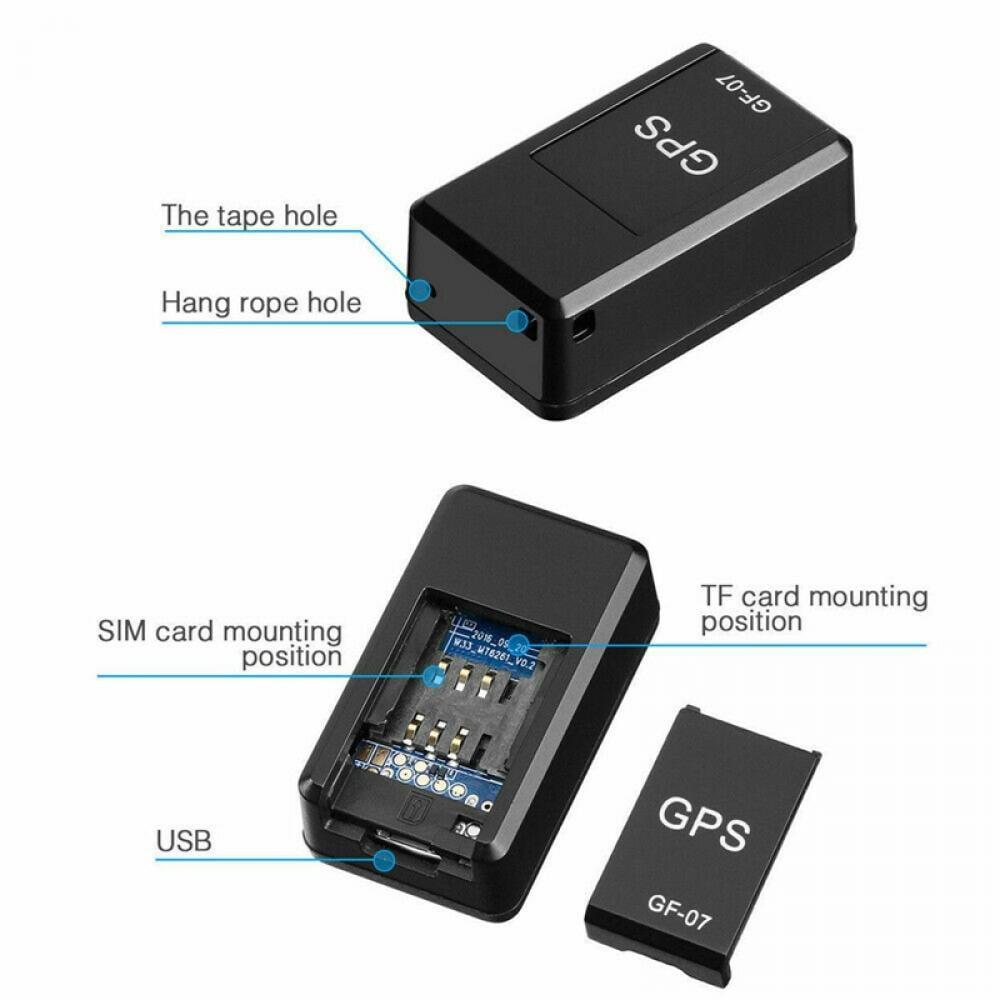 Ein kleines schwarzes GPS-Gerät mit Kennzeichnungen für SIM-Karte, TF-Karte, USB und Halteöffnungen.