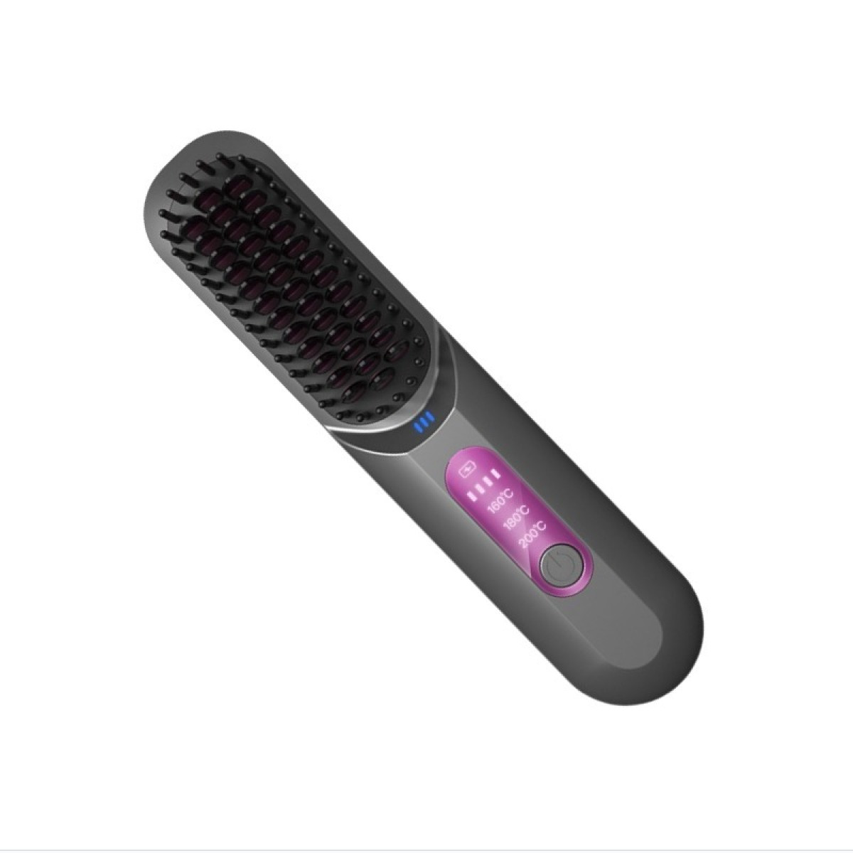 Eine graue elektrische Haarbürste mit einem rosa Display und Temperaturanzeigen vor weißem Hintergrund.