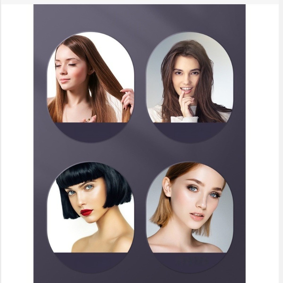 Vier runde Rahmen zeigen verschiedene Frauen mit unterschiedlichen Frisuren und Make-up auf dunklem Hintergrund.