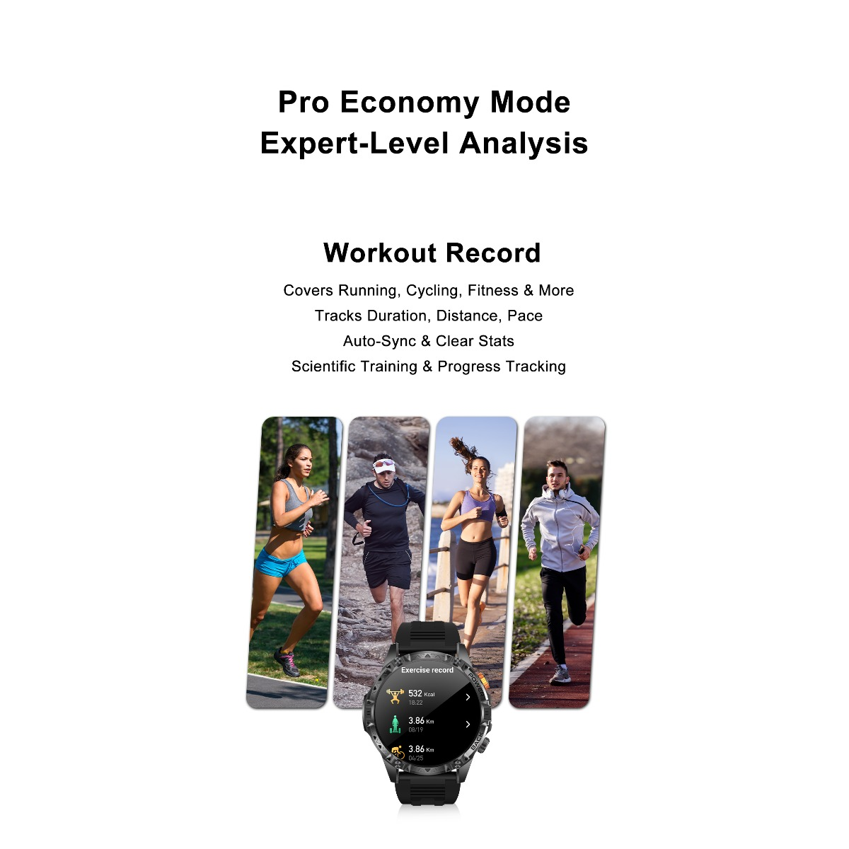Fitness-Smartwatch mit Text und Bildern von laufenden Sportlern.