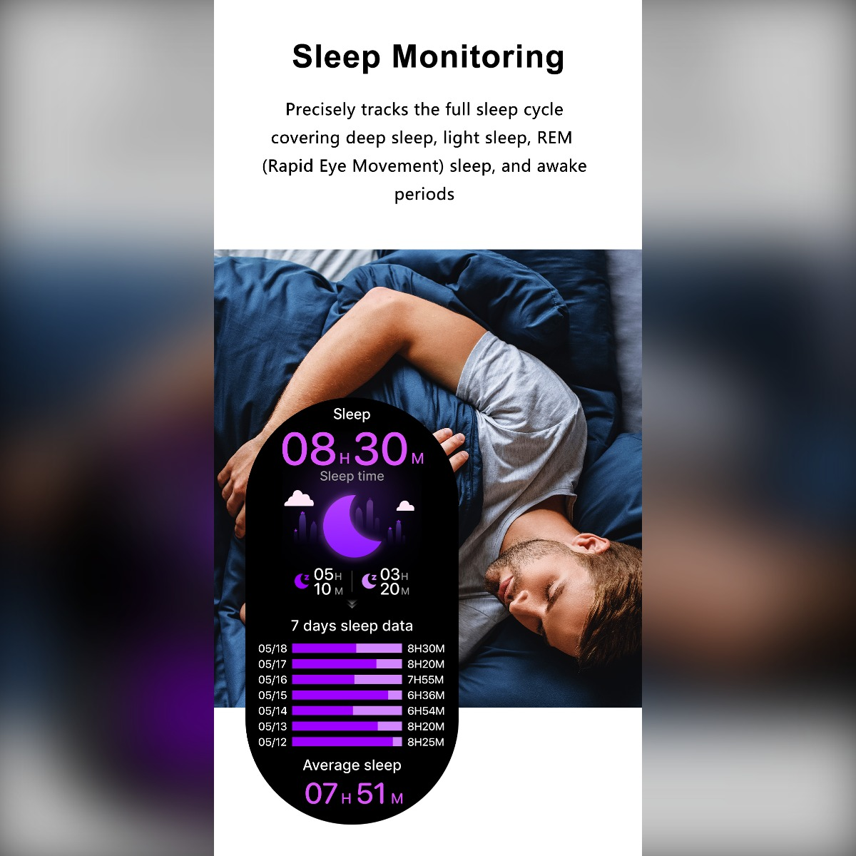 Mann schläft im Bett, im Vordergrund ein Smartwatch-Display mit detaillierten Schlafmesswerten.