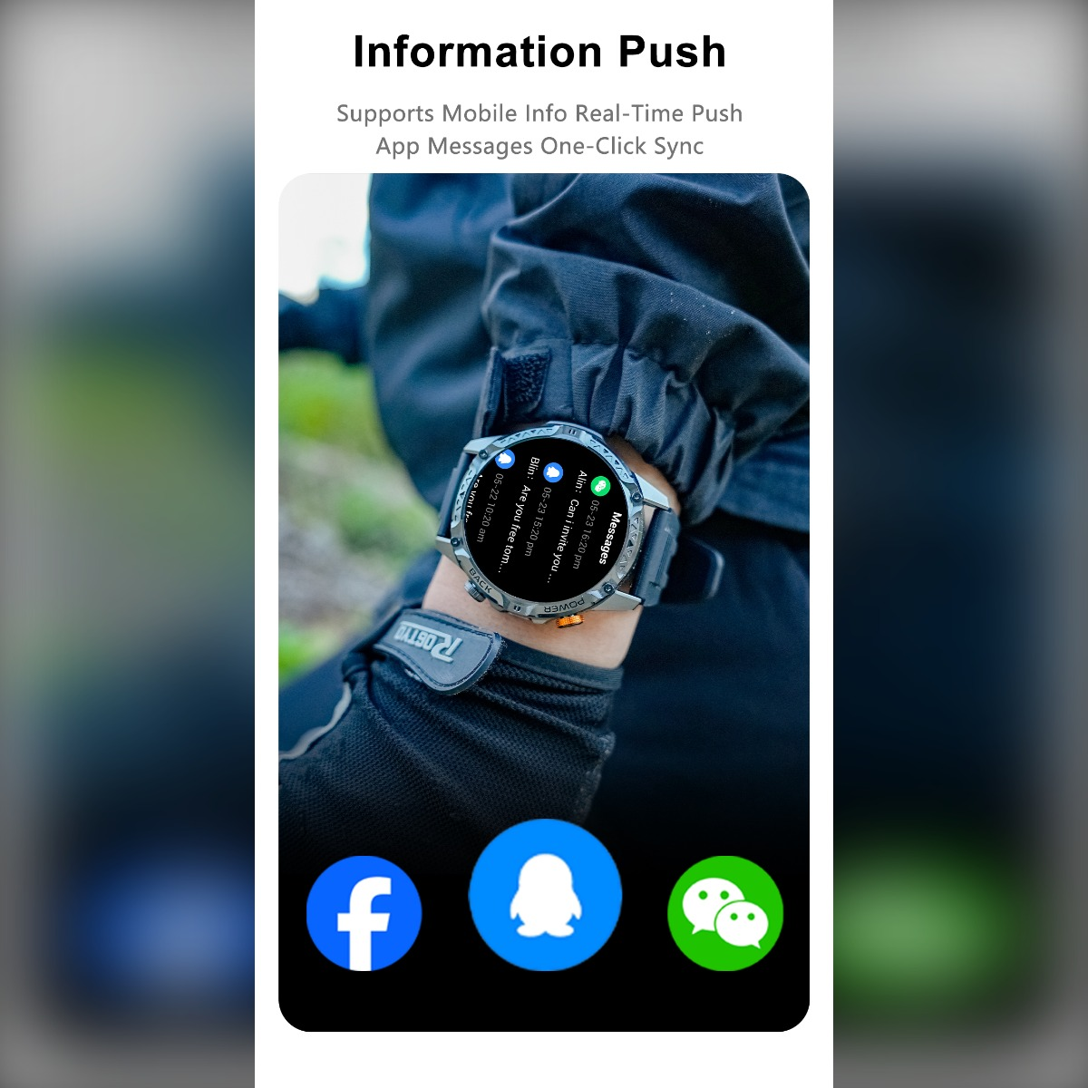 Eine Smartwatch am Handgelenk zeigt Nachrichten an, mit Facebook-, VK- und WeChat-Icons unten.