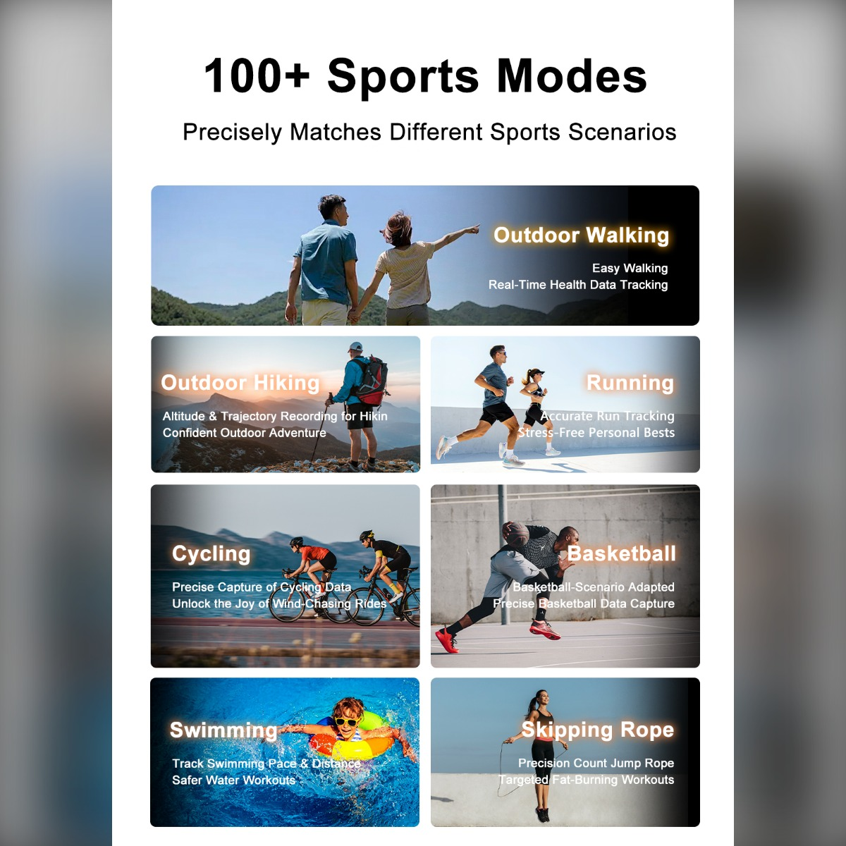Anzeigetafel zeigt 100+ Sportmodi für Aktivitäten wie Wandern, Laufen, Radfahren, Basketball, Schwimmen und Seilspringen.